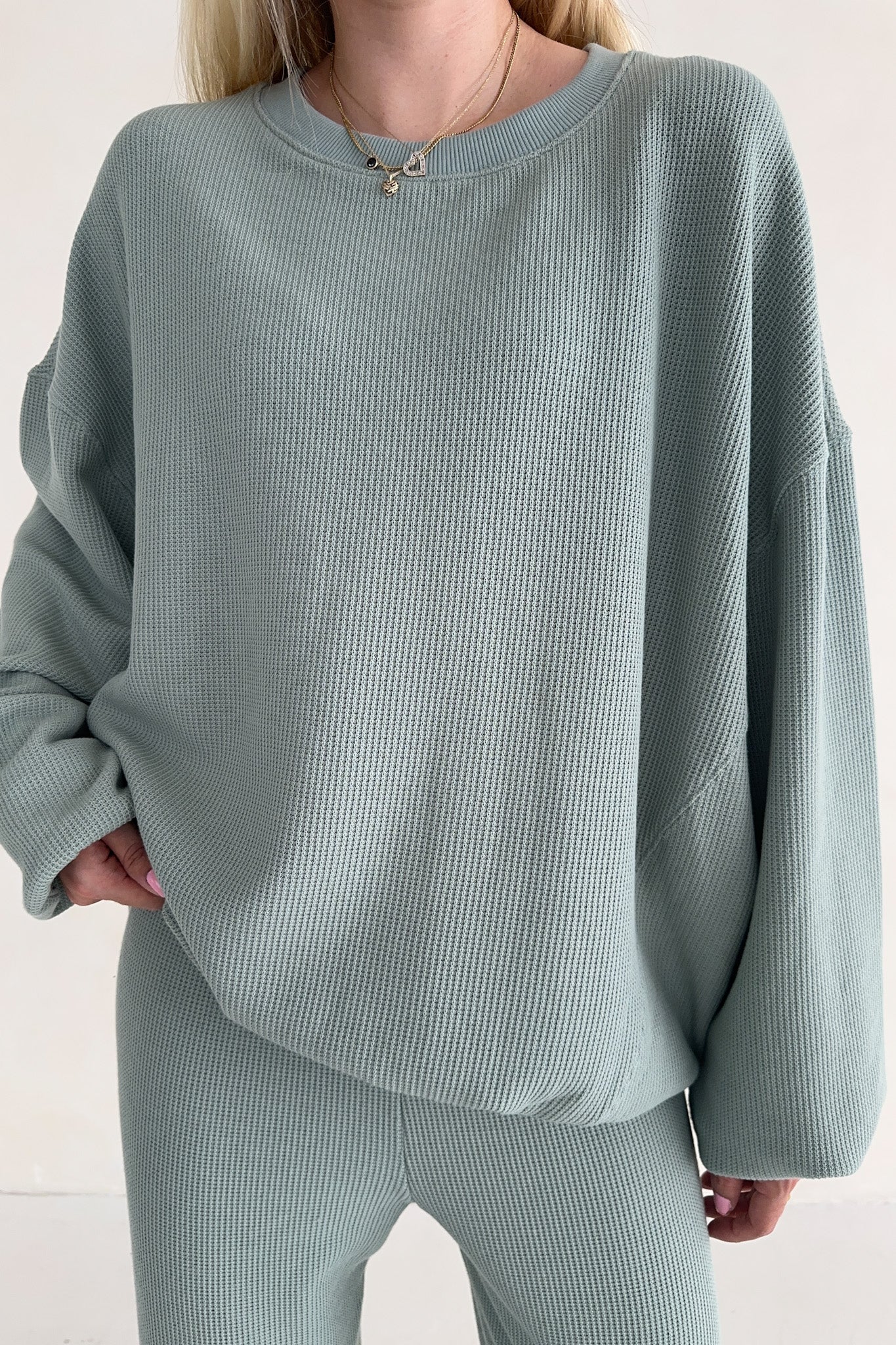 Sundays Waffle Knit Sweatshirt in Pistachio - Neutral Ground