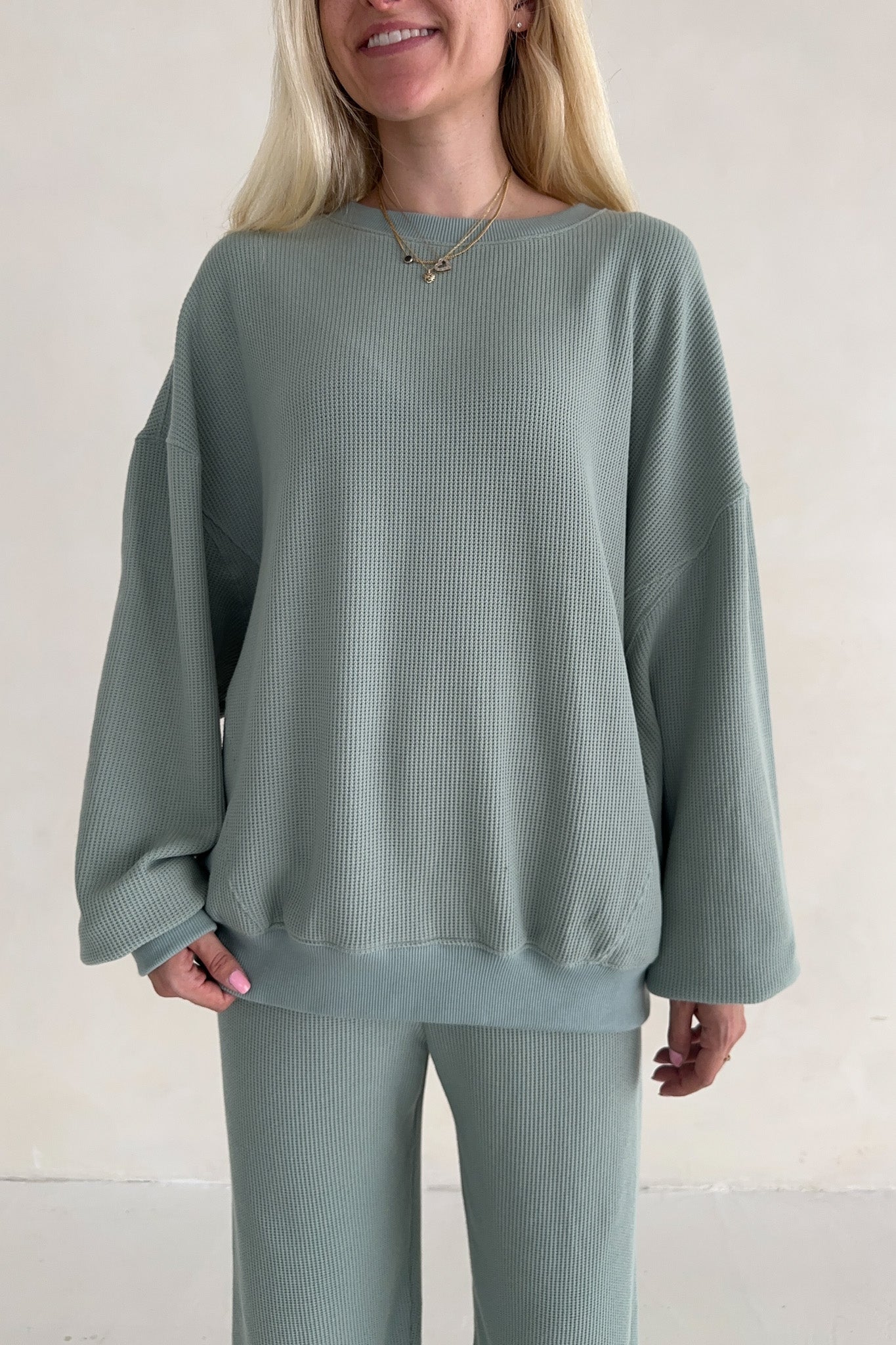Sundays Waffle Knit Sweatshirt in Pistachio - Neutral Ground