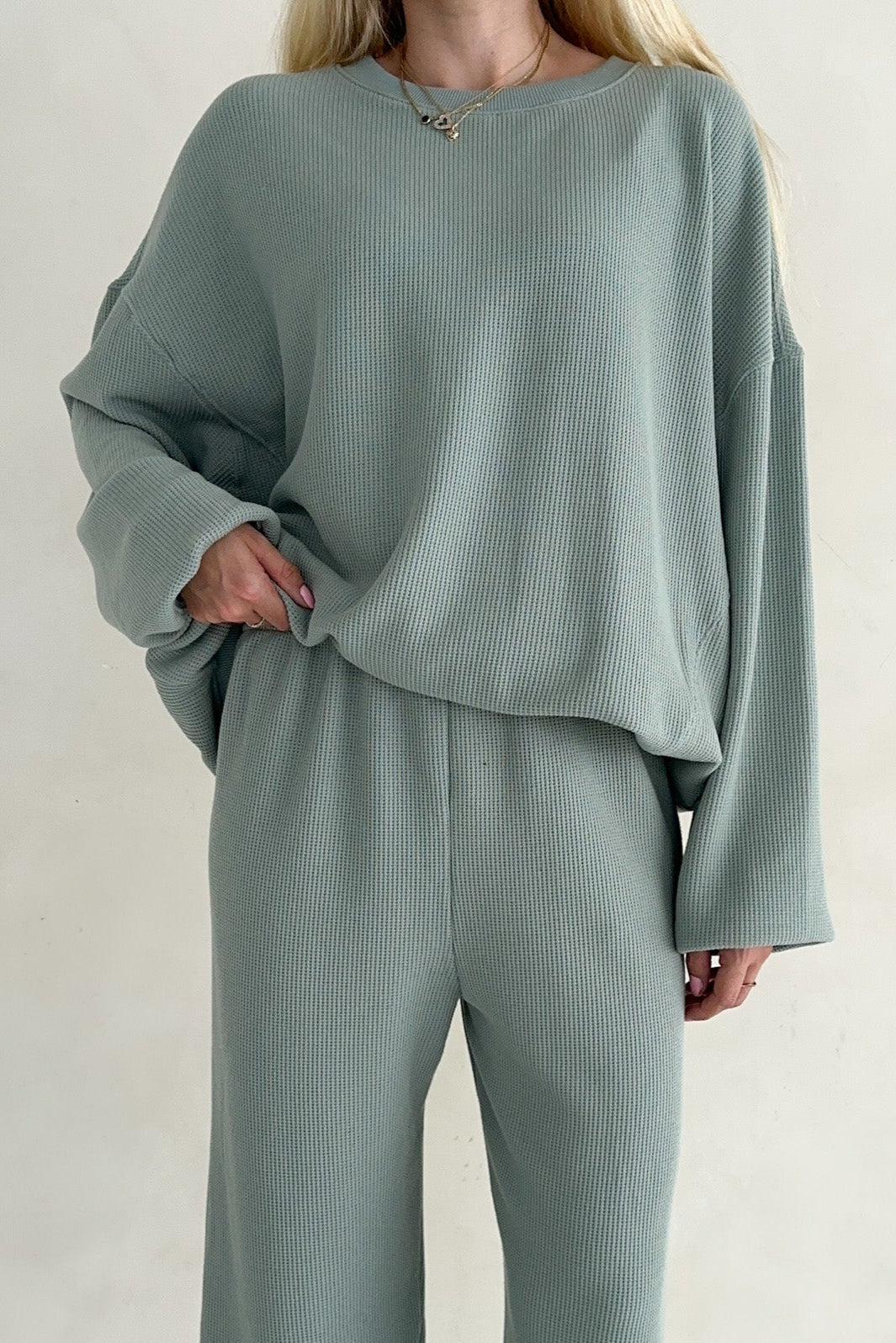 Sundays Waffle Knit Sweatshirt in Pistachio - Neutral Ground