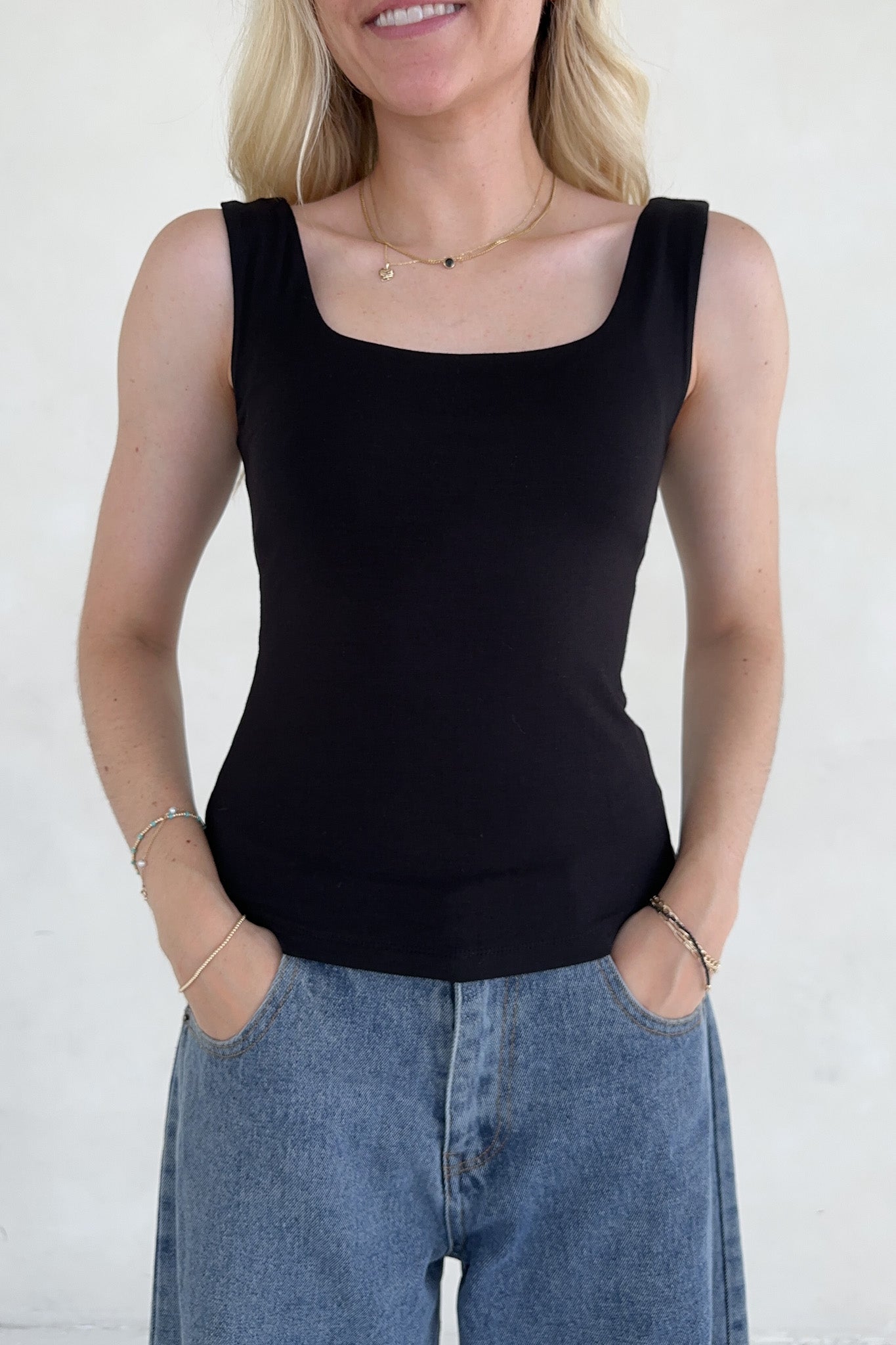 Taylor Double Layer Square Neck Tank Top in Black - Neutral Ground