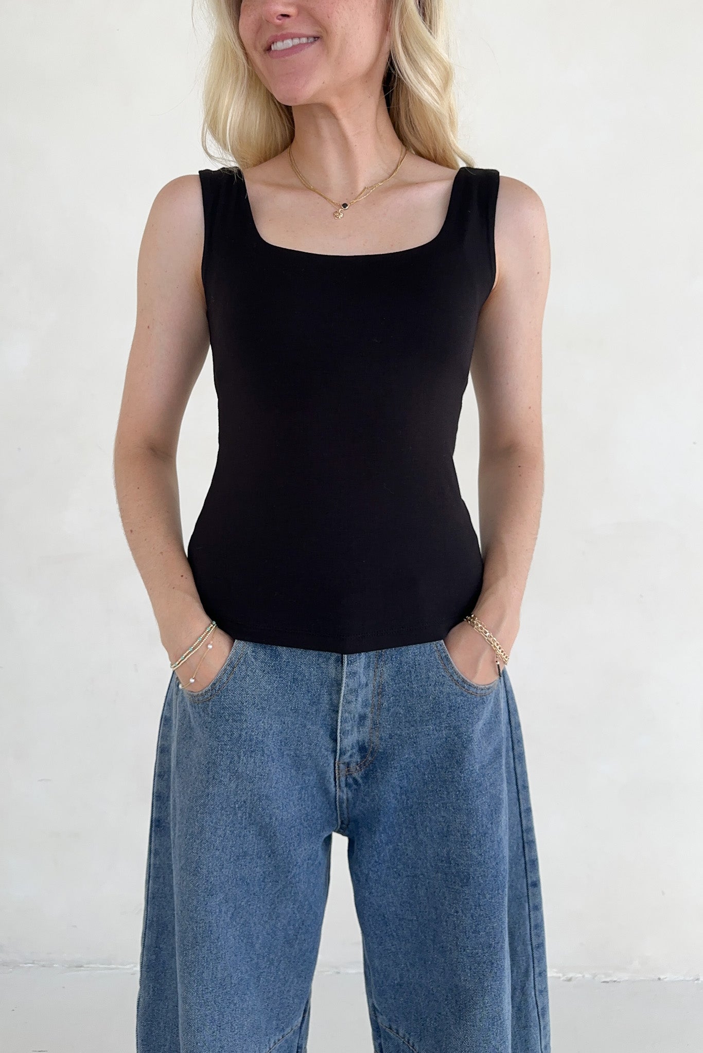 Taylor Double Layer Square Neck Tank Top in Black - Neutral Ground