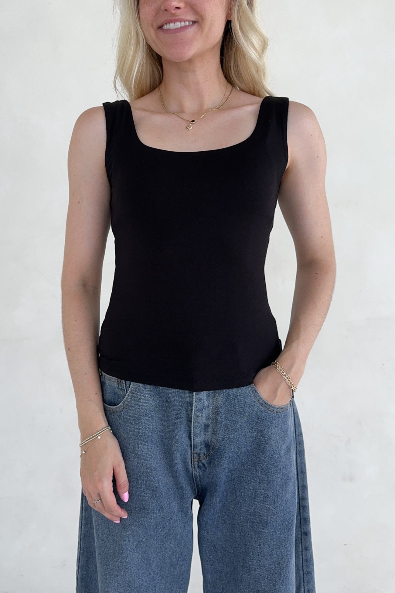 Taylor Double Layer Square Neck Tank Top in Black - Neutral Ground