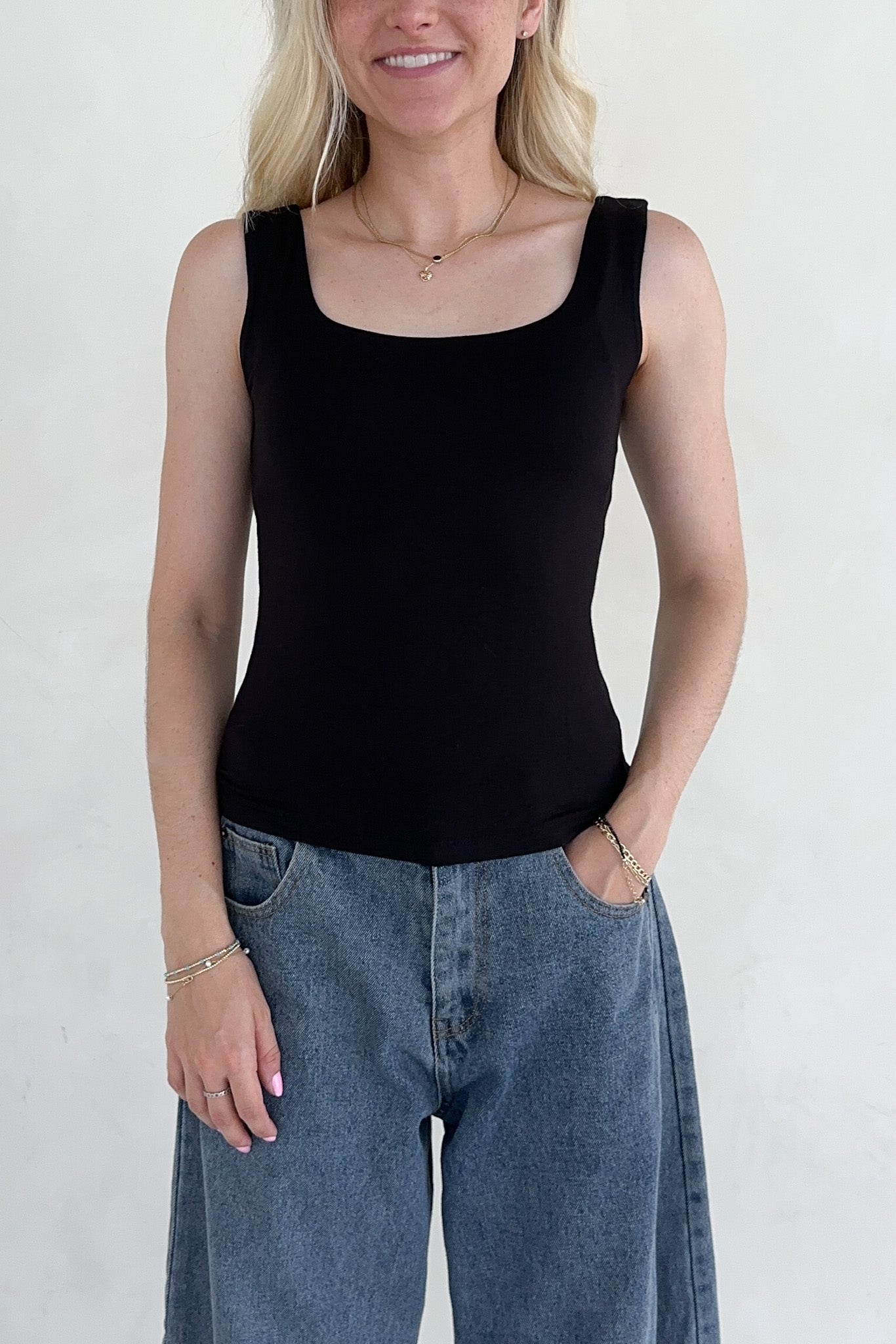 Taylor Double Layer Square Neck Tank Top in Black - Neutral Ground