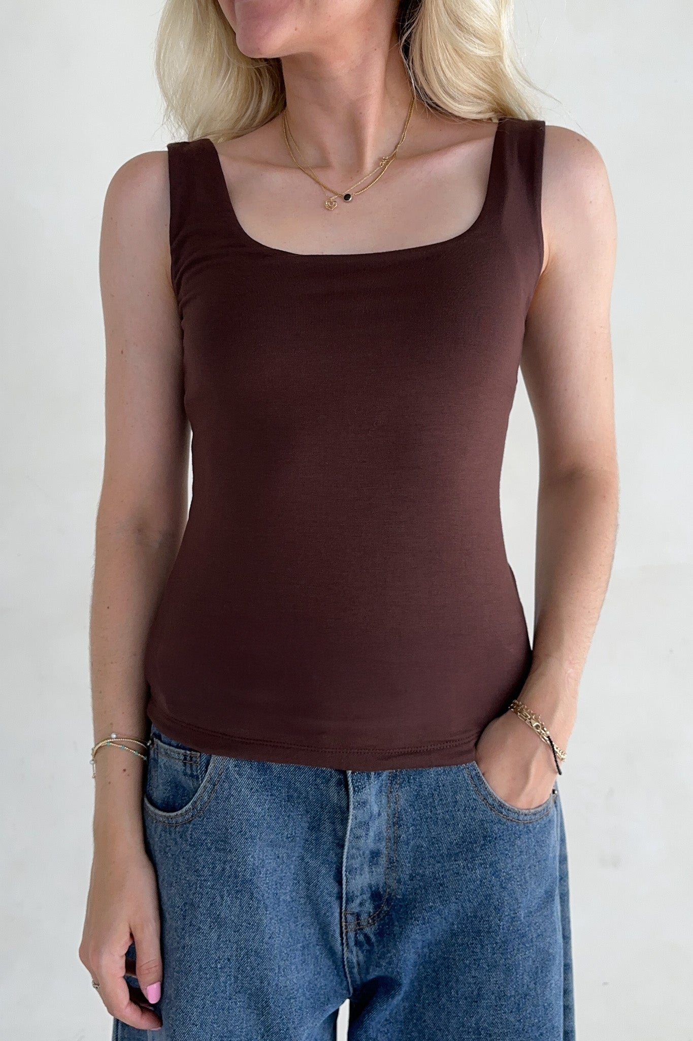 Taylor Double Layer Square Neck Tank Top in Chocolate - Neutral Ground