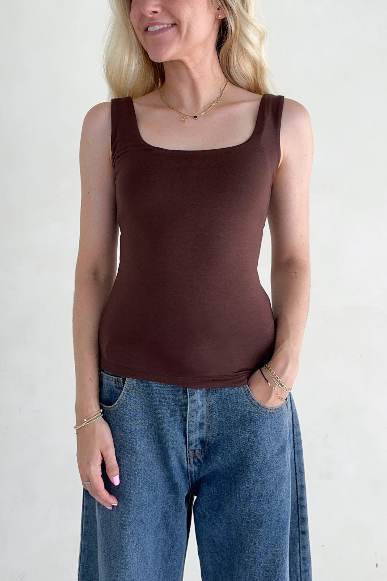 Taylor Double Layer Square Neck Tank Top in Chocolate - Neutral Ground