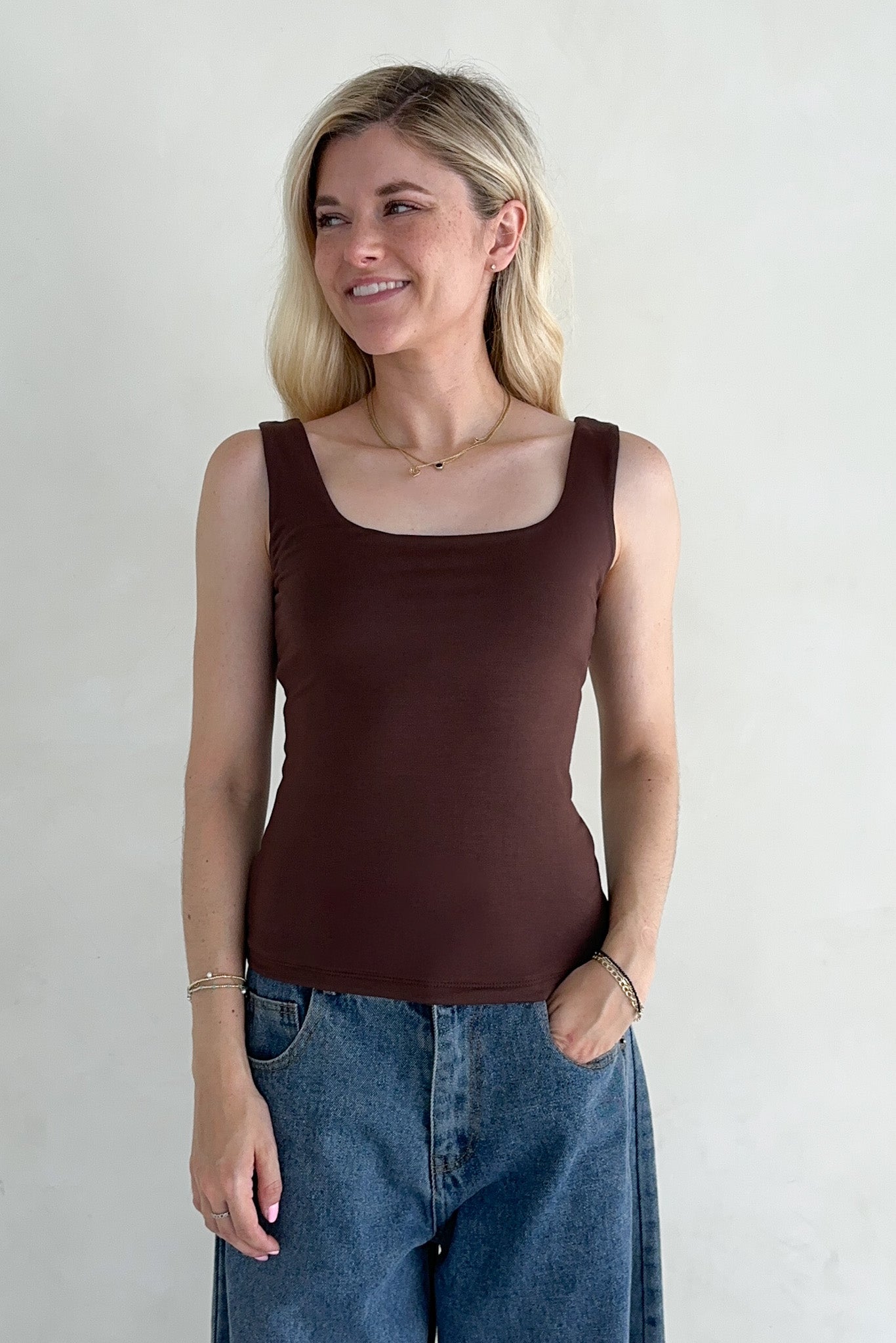 Taylor Double Layer Square Neck Tank Top in Chocolate - Neutral Ground