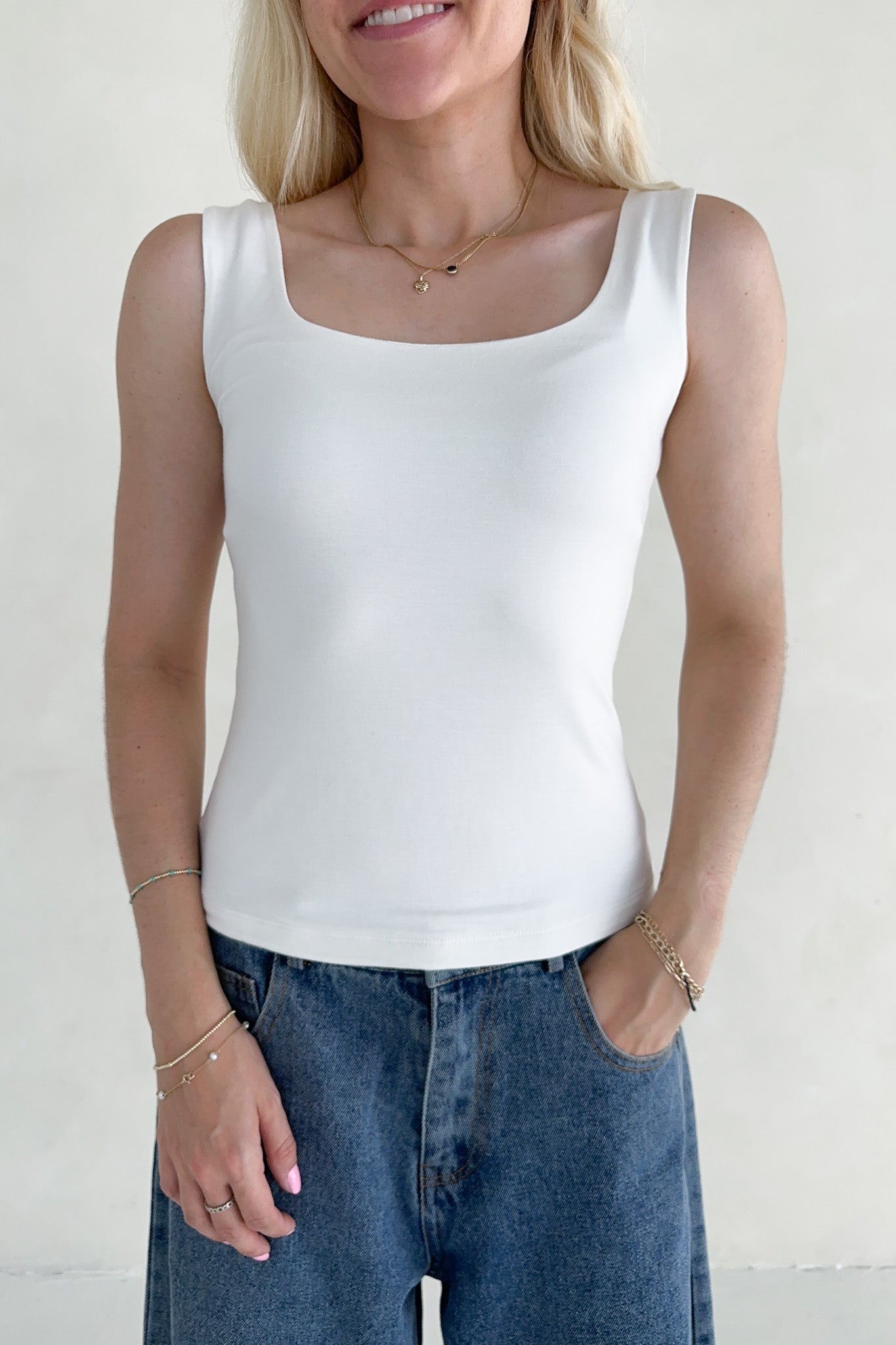 Taylor Double Layer Square Neck Tank Top in White - Neutral Ground