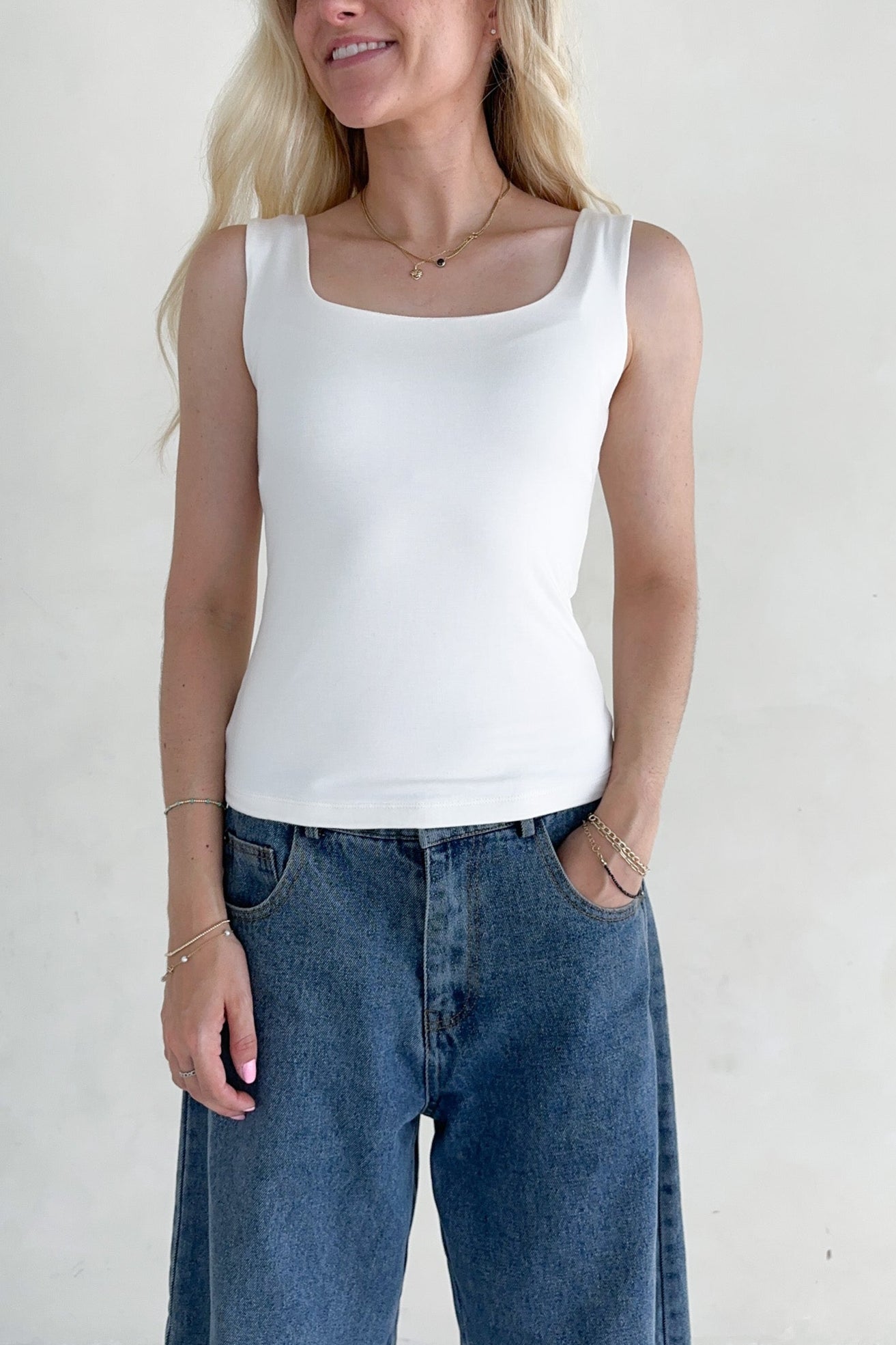 Taylor Double Layer Square Neck Tank Top in White - Neutral Ground