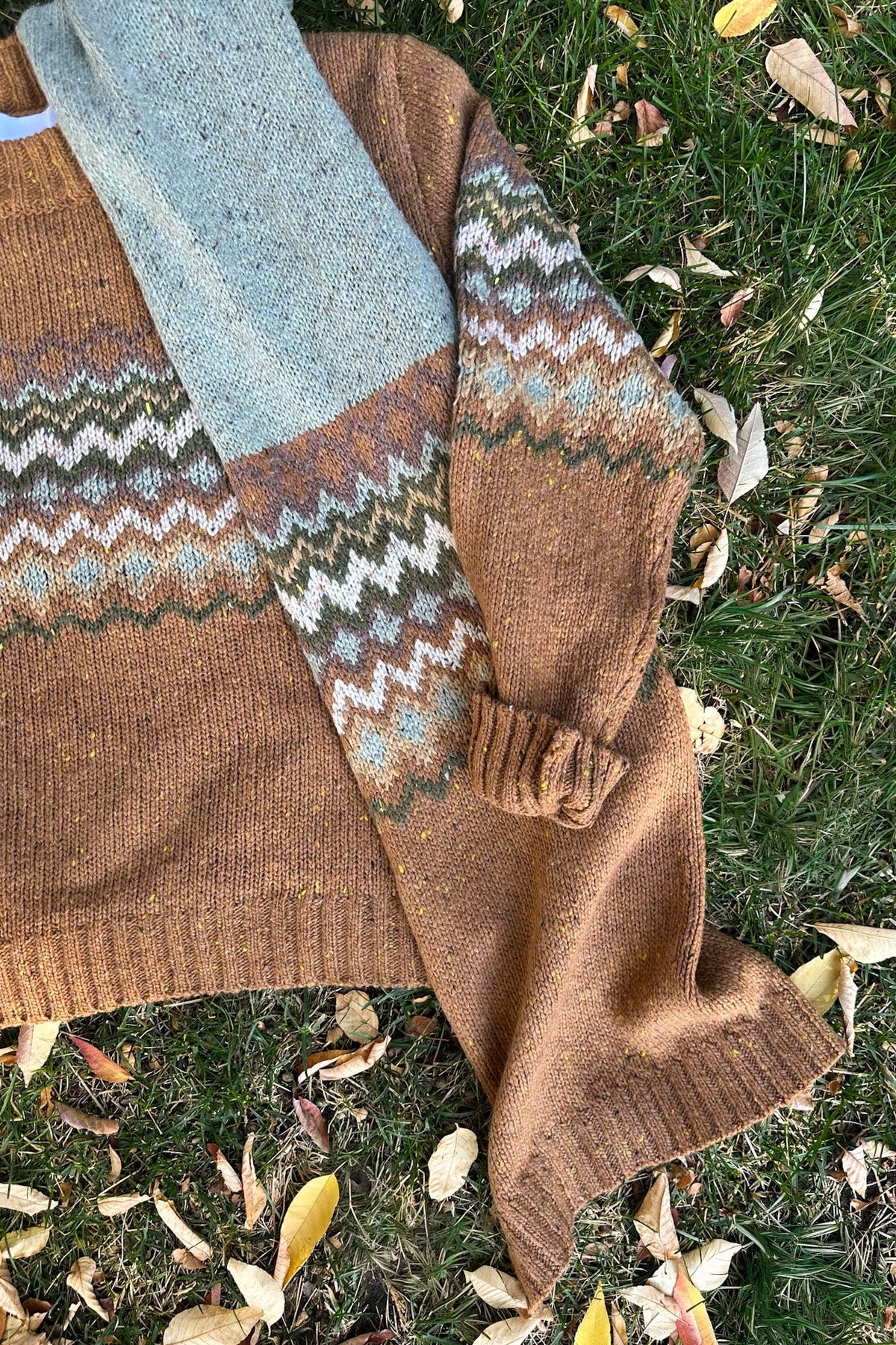 The Highlands Faire Isle Knit Scarf in Rust & Olive - Neutral Ground
