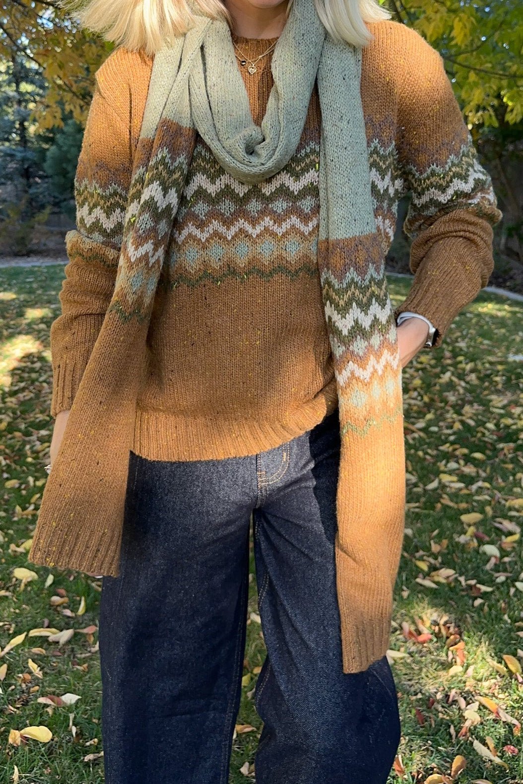 The Highlands Faire Isle Knit Scarf in Rust & Olive - Neutral Ground