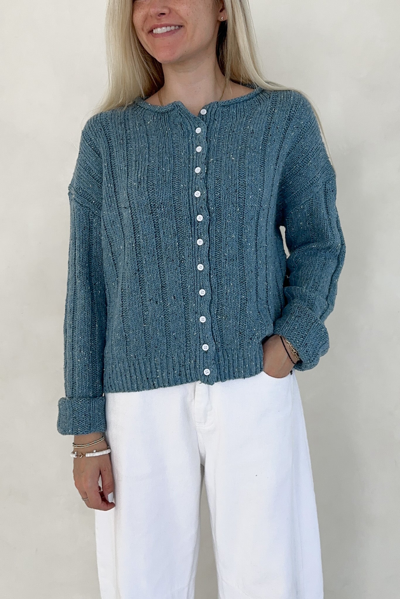 Theo Classic Rolled Neck Cardigan - Neutral Ground