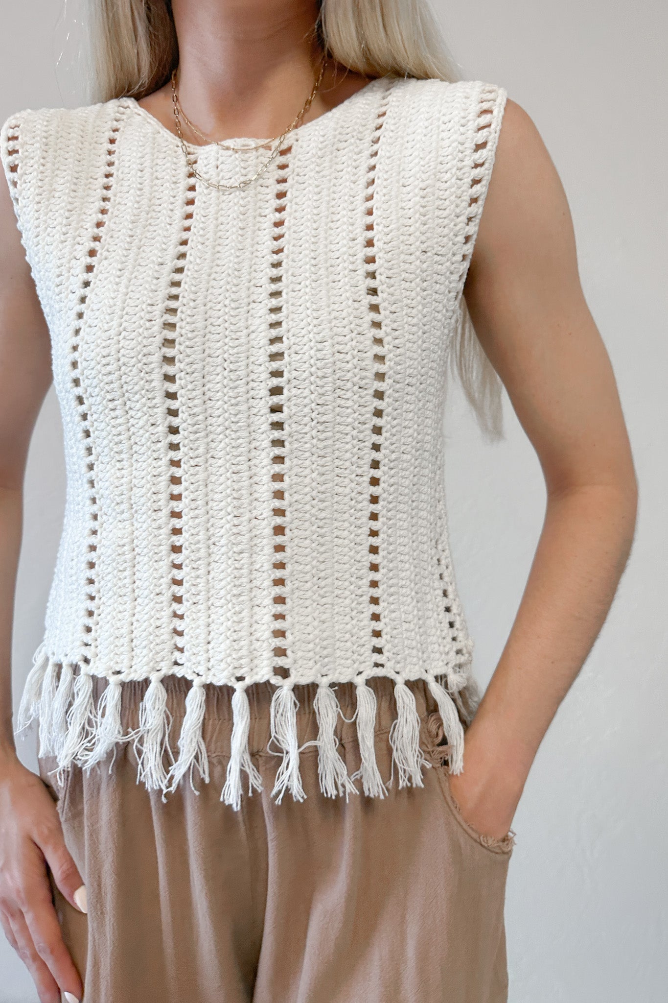 Tulum Fringe Detail Crochet Vest - Neutral Ground