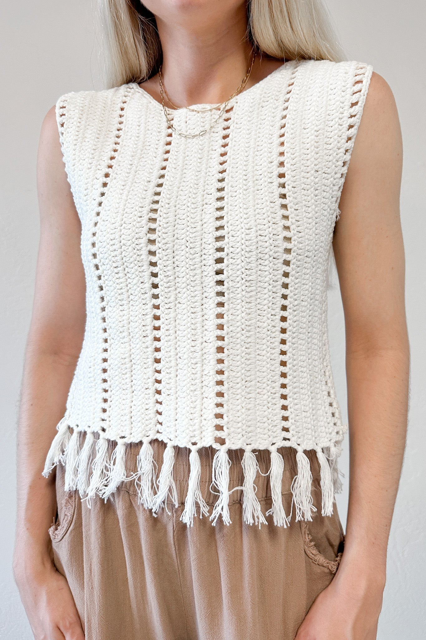Tulum Fringe Detail Crochet Vest - Neutral Ground