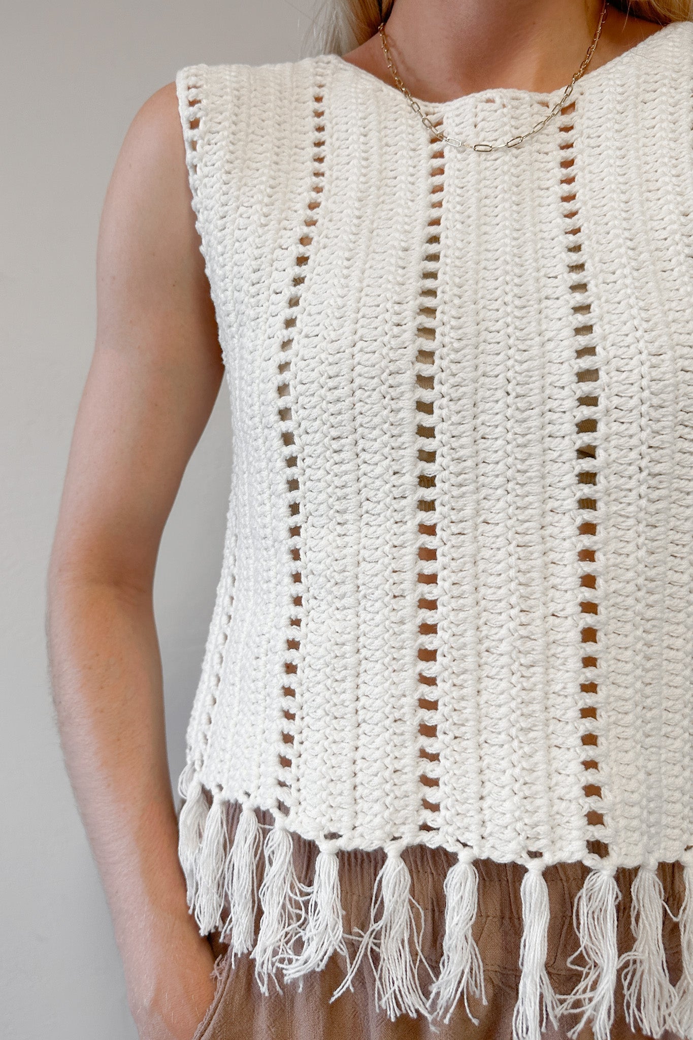 Tulum Fringe Detail Crochet Vest - Neutral Ground