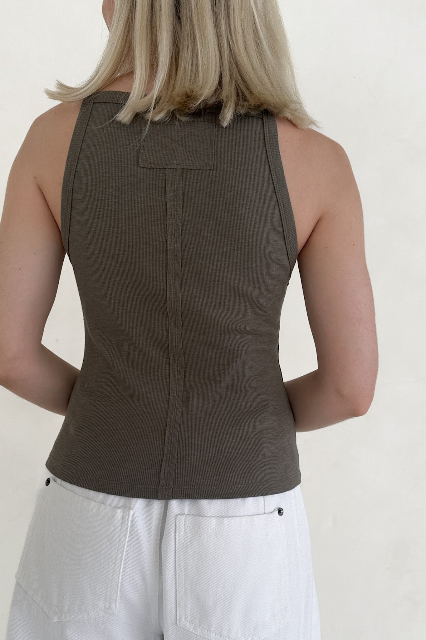 Urban High - Neck Cotton Tank Top in Olive - Neutral Ground