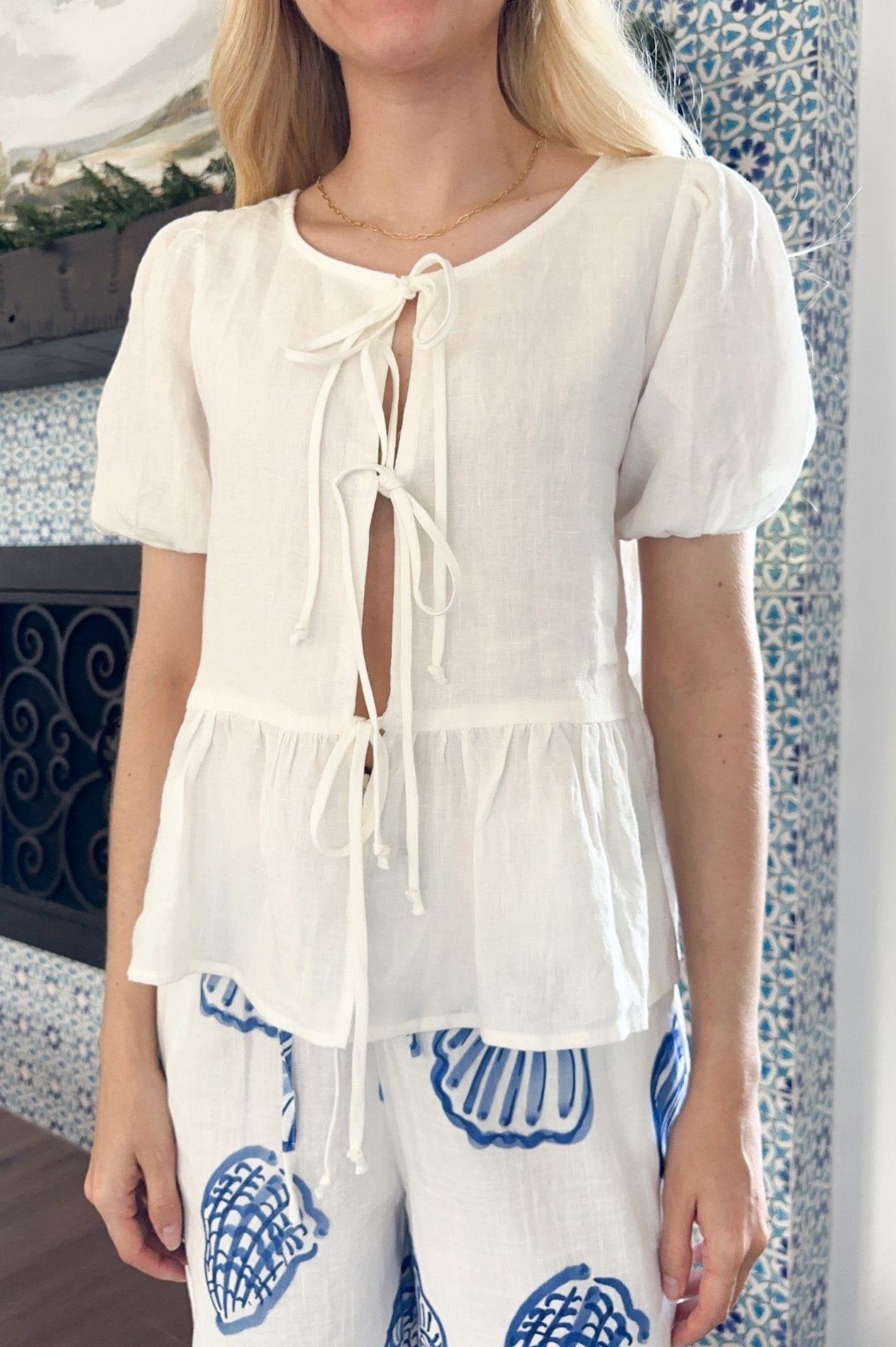 Waves Tie Front Linen Top - Neutral Ground