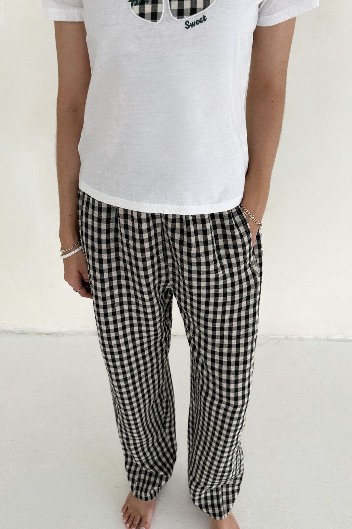 Weekends 100% Cotton Textured Gingham Pants in Black - Neutral Ground