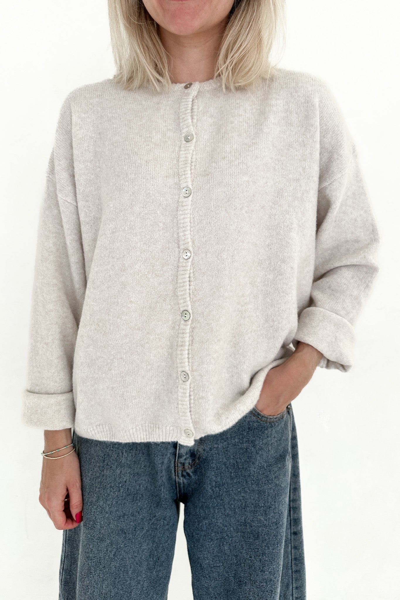 Willow Soft Long Sleeve Crew Neck Sweater Cardigan in Ivory - Neutral Ground