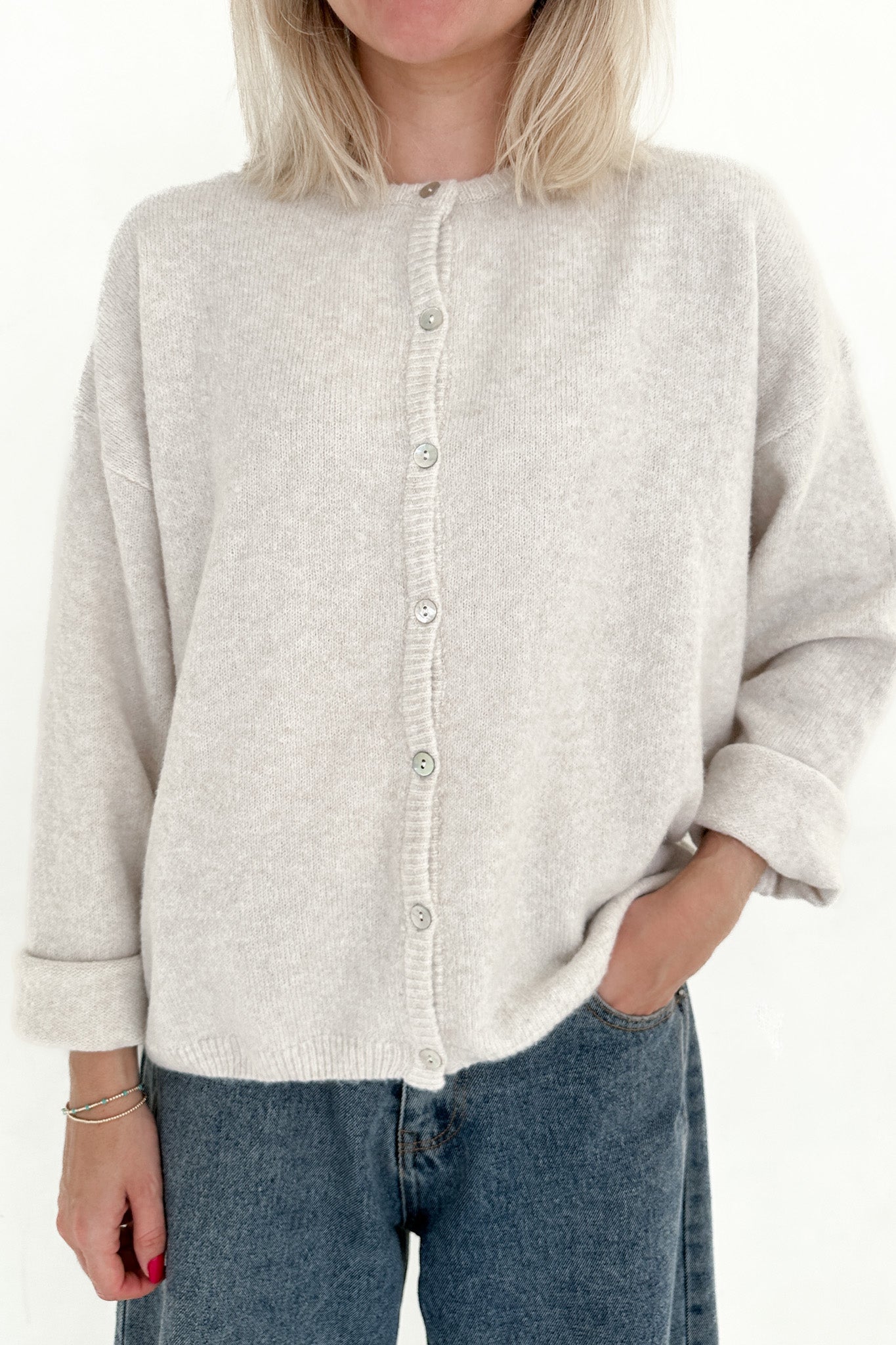 Willow Soft Long Sleeve Crew Neck Sweater Cardigan in Ivory - Neutral Ground