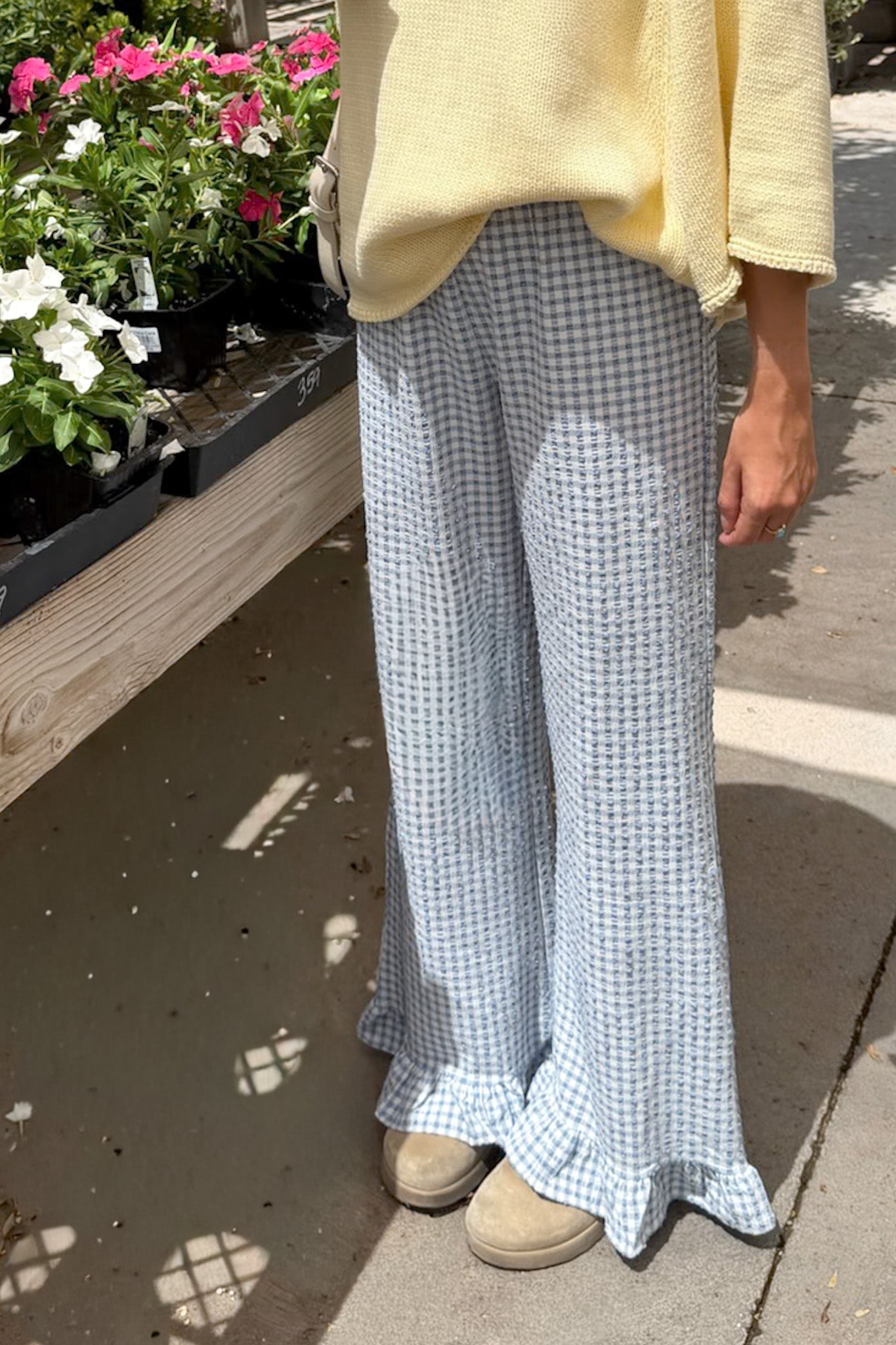 Winnie Gingham Ruffle Pants in Sky Blue and White - Neutral Ground