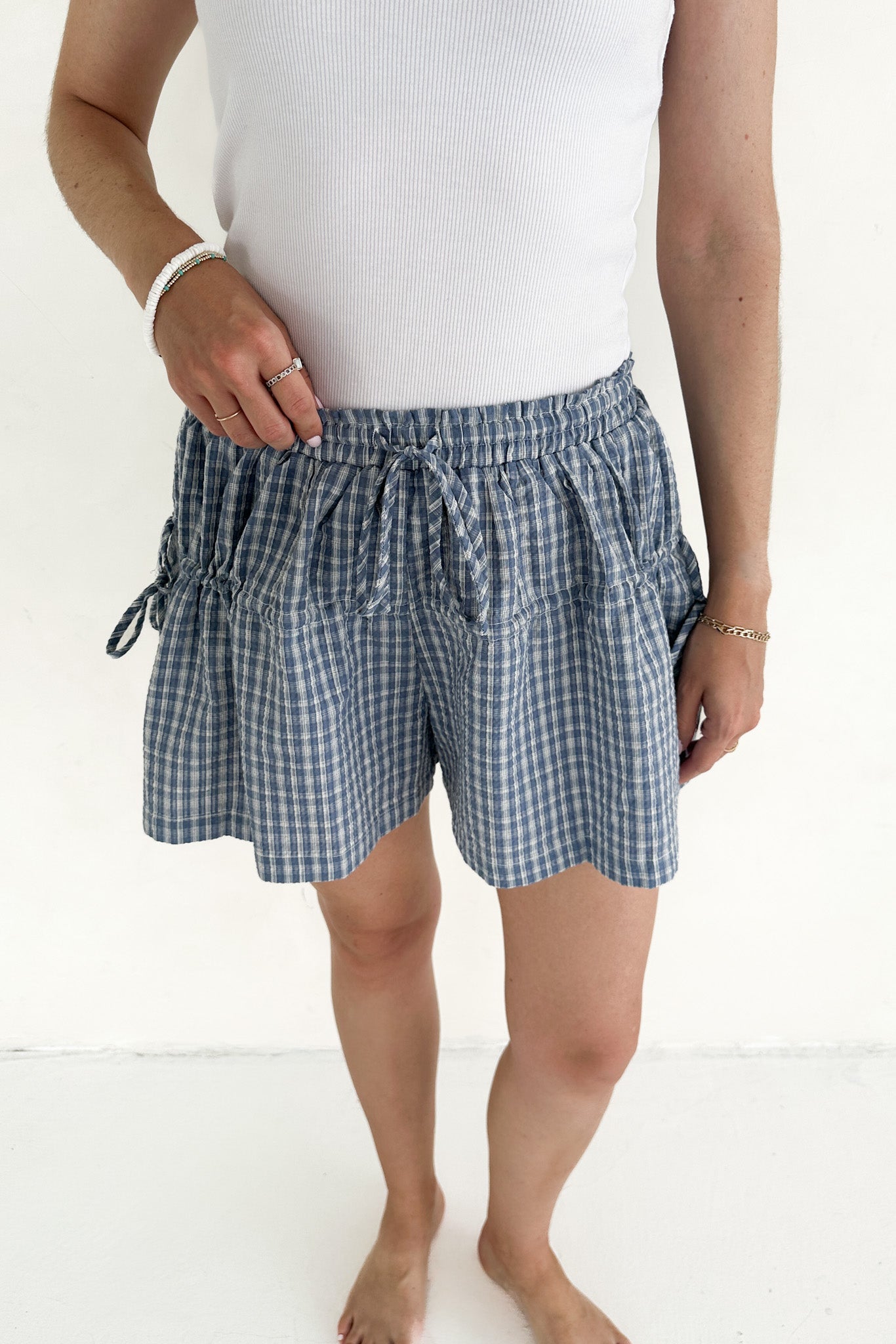 Wren Wide Leg Plaid Drawstring Shorts - Neutral Ground