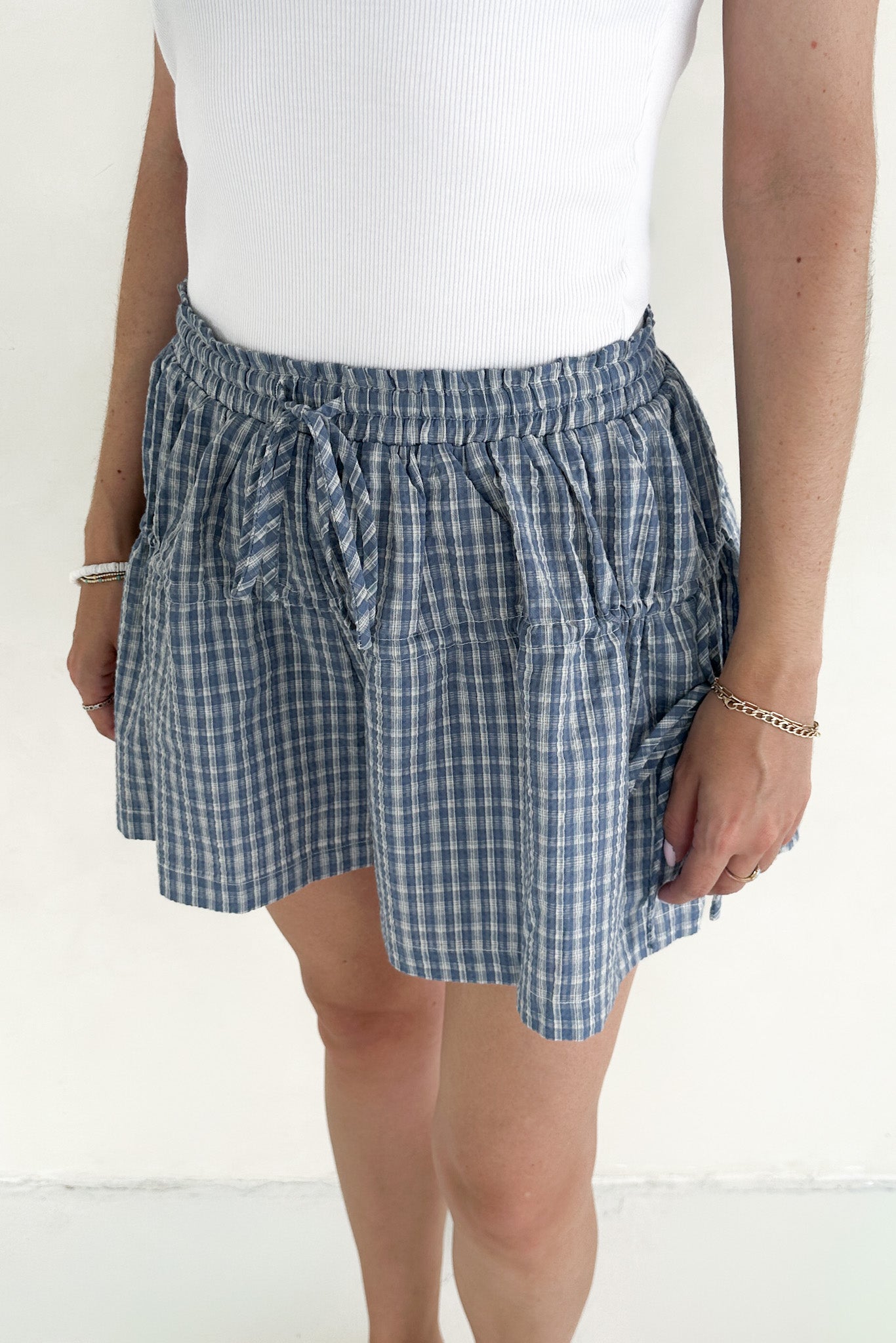 Wren Wide Leg Plaid Drawstring Shorts - Neutral Ground