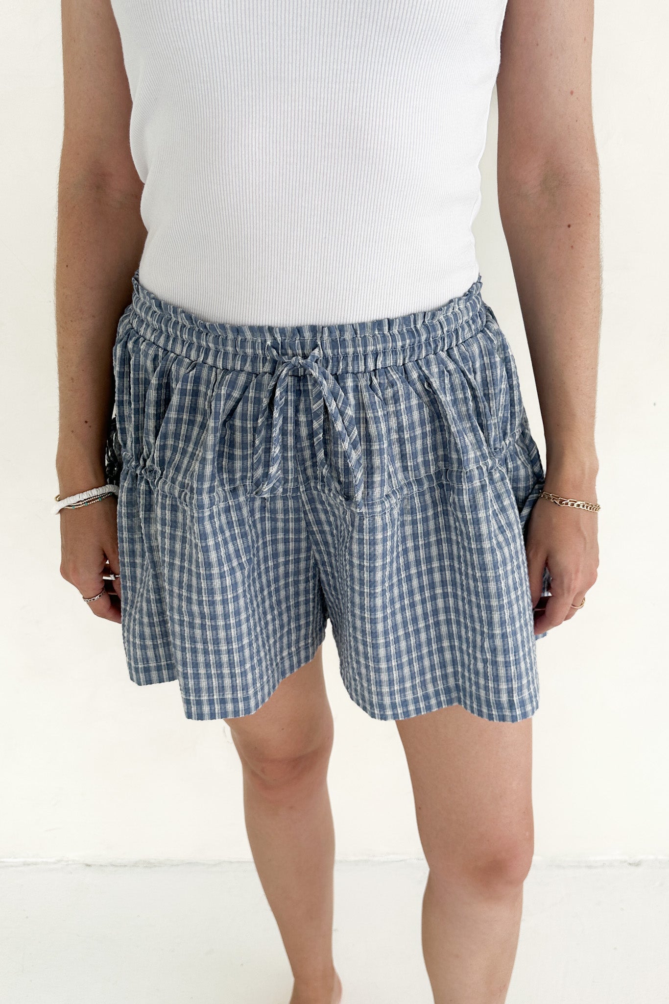 Wren Wide Leg Plaid Drawstring Shorts - Neutral Ground