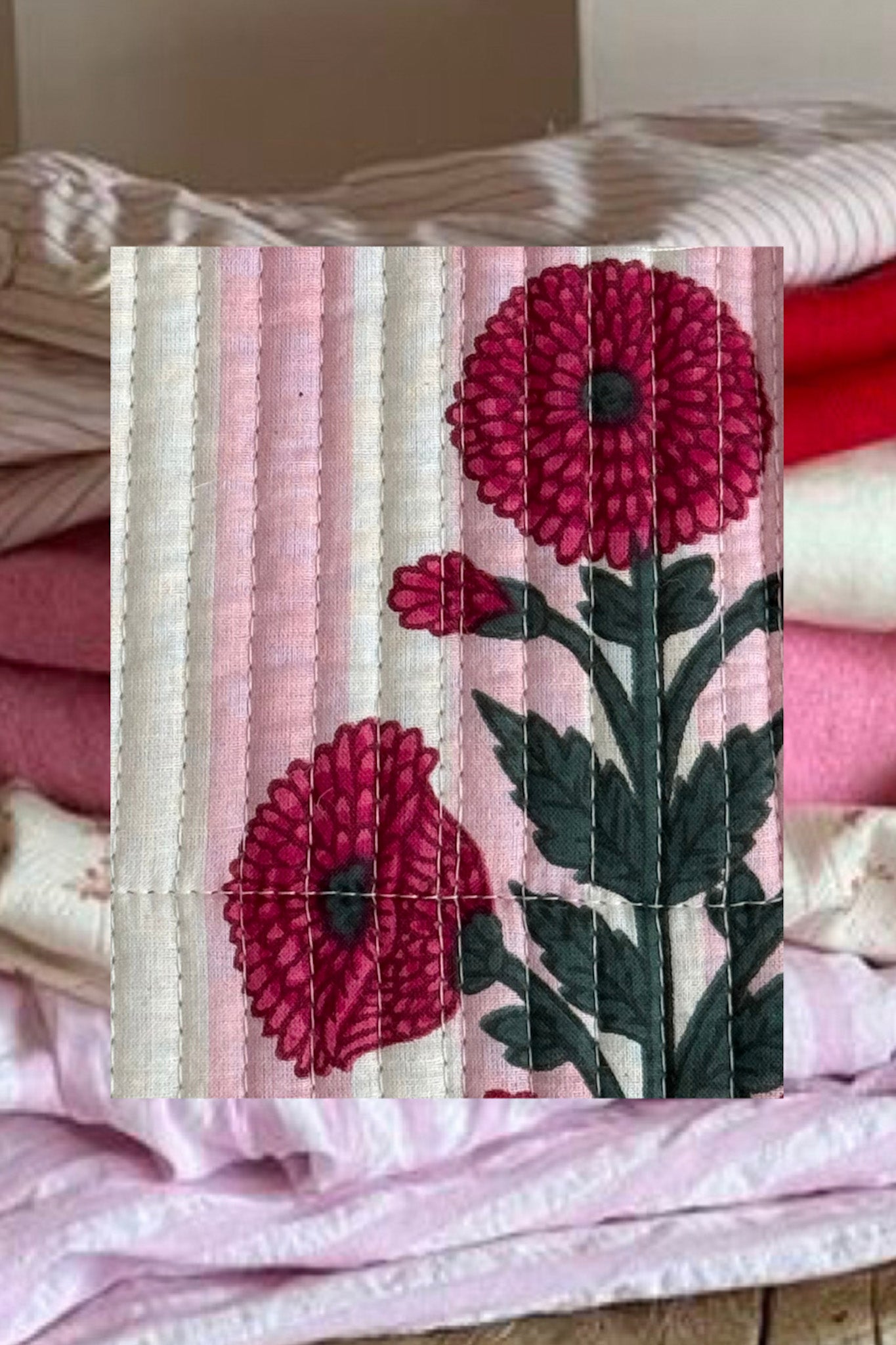 Mini Market Striped Quilted Tote Bag in Floral Baby Pink