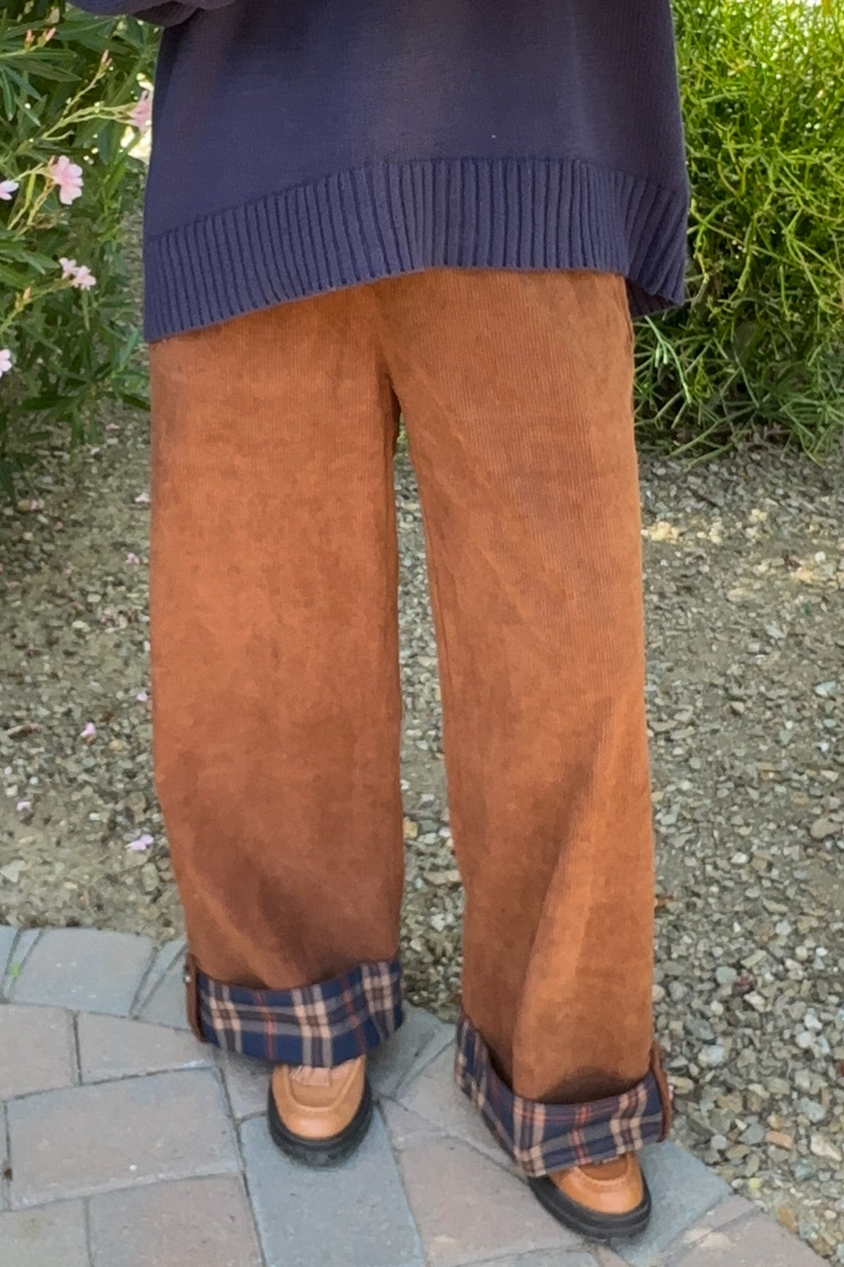 Paddington Plaid Cuff Corduroy Drawstring Pants in Camel
