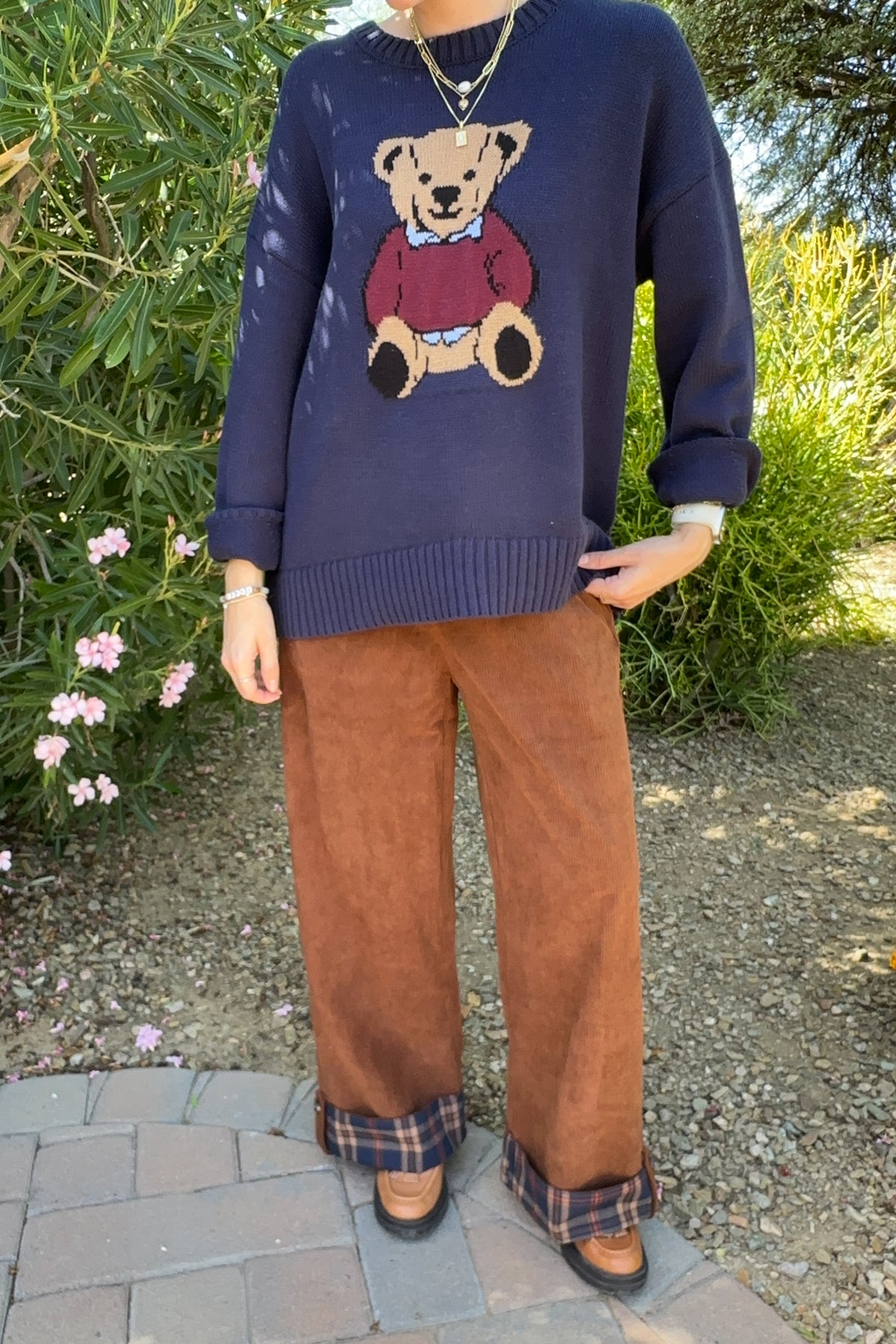 Paddington Plaid Cuff Corduroy Drawstring Pants in Camel