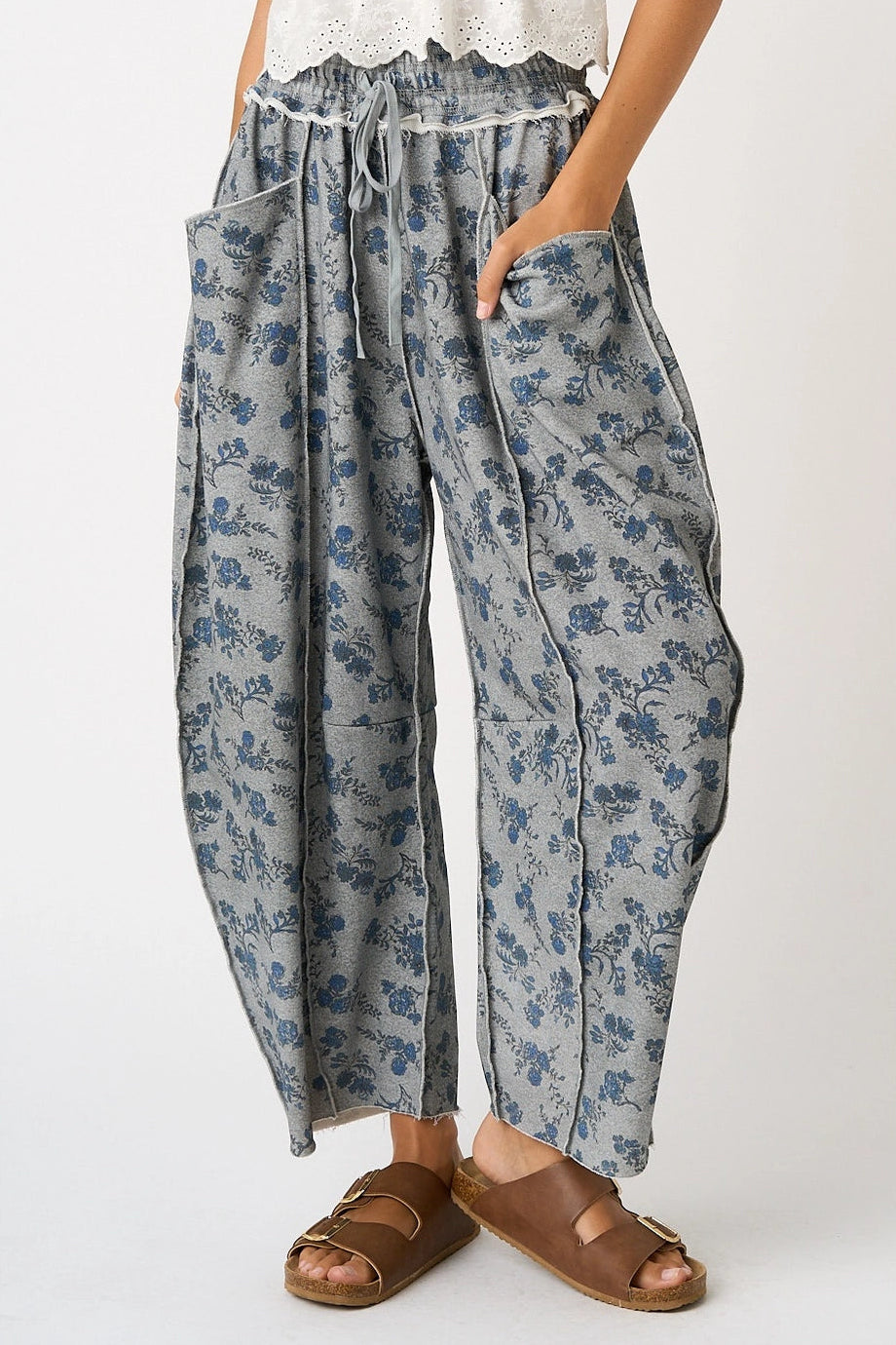 Willa Floral Barrel Pants in Grey