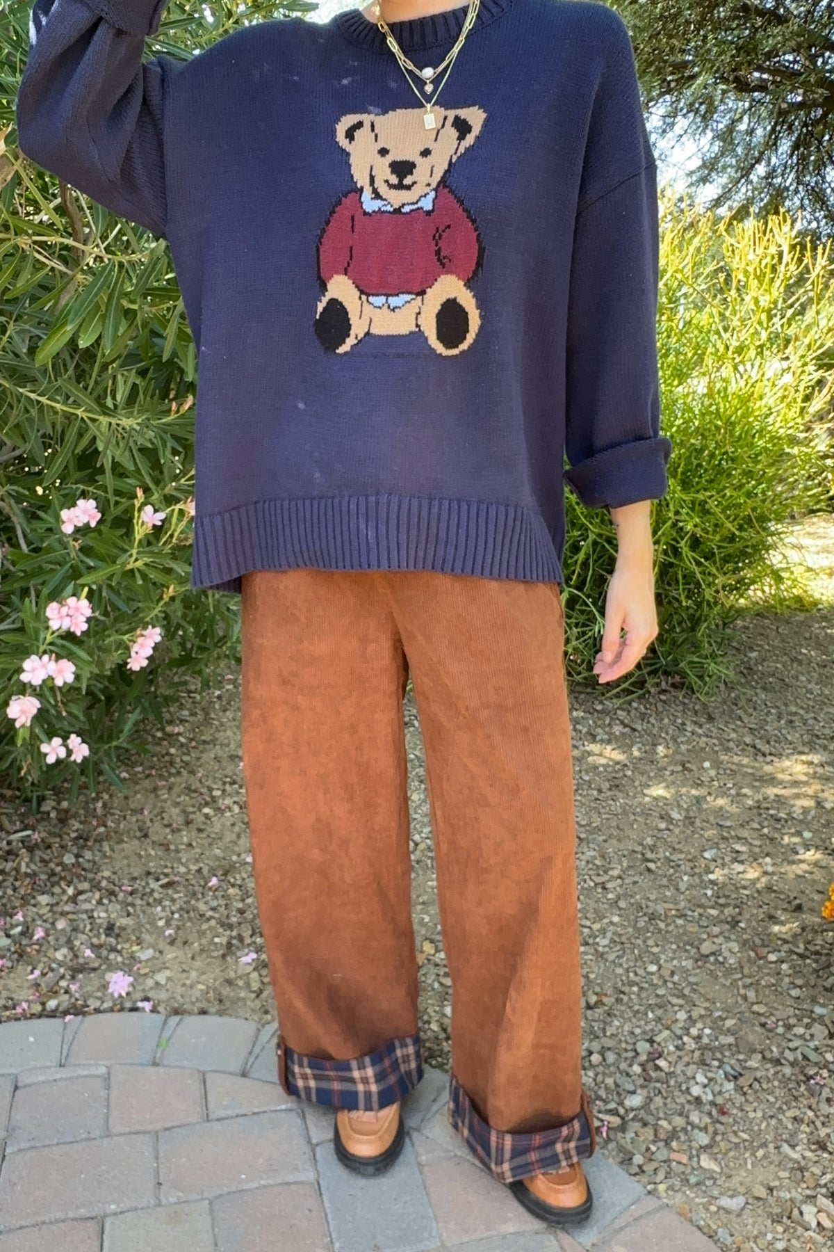 Paddington Plaid Cuff Corduroy Drawstring Pants in Camel