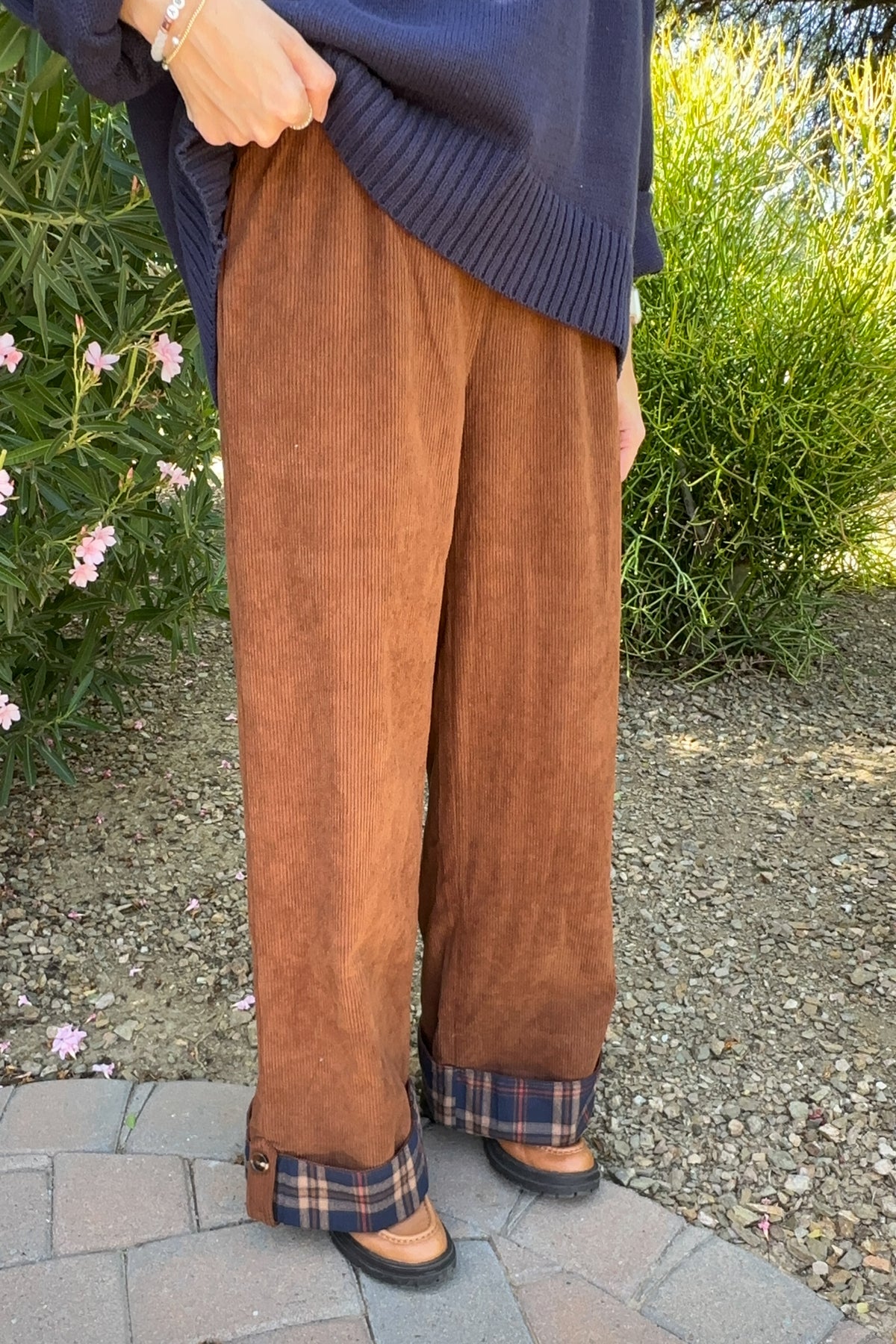 Paddington Plaid Cuff Corduroy Drawstring Pants in Camel