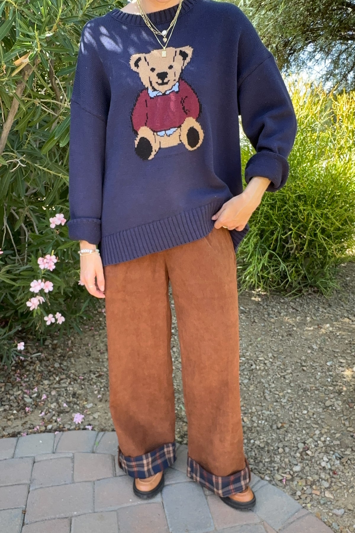 Paddington Plaid Cuff Corduroy Drawstring Pants in Camel