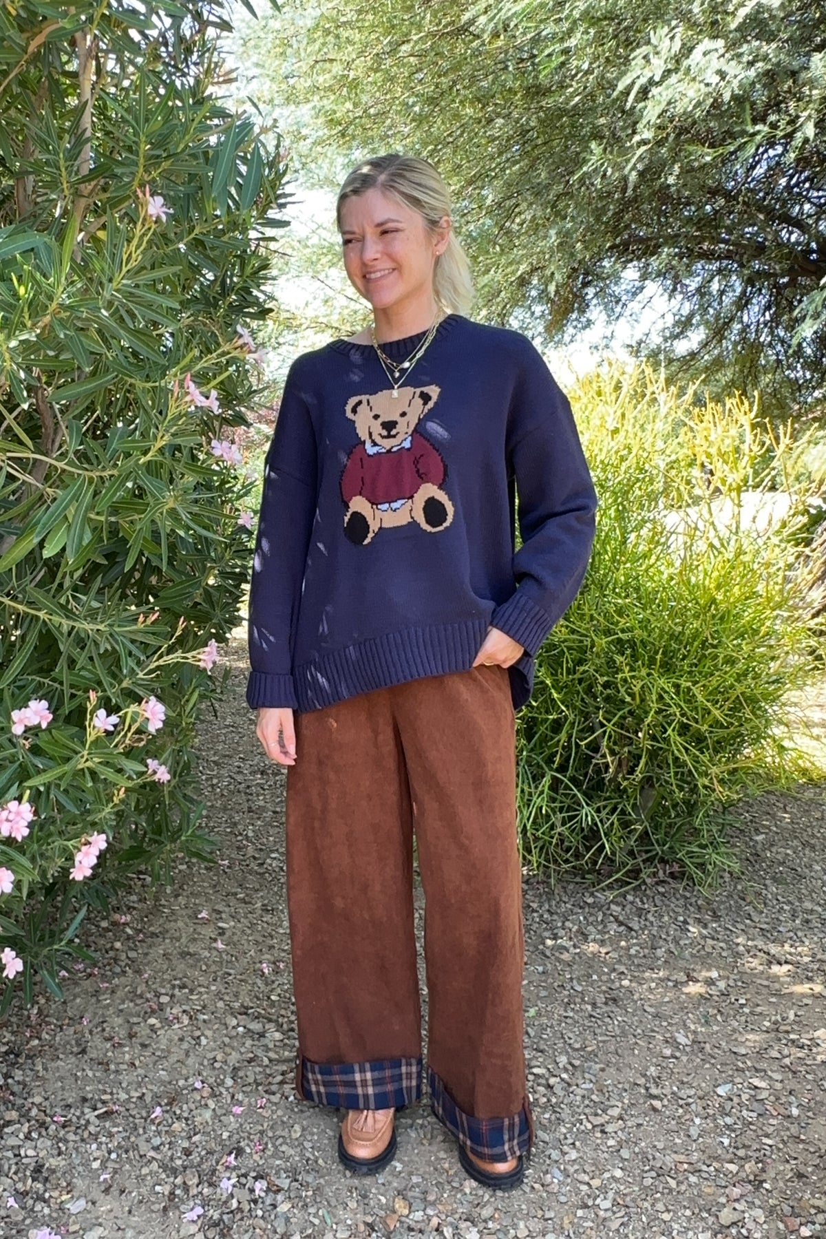 Paddington Plaid Cuff Corduroy Drawstring Pants in Camel