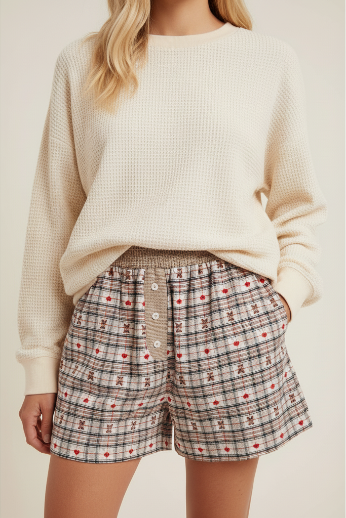 Person wearing a cream sweater and plaid shorts on a plain background