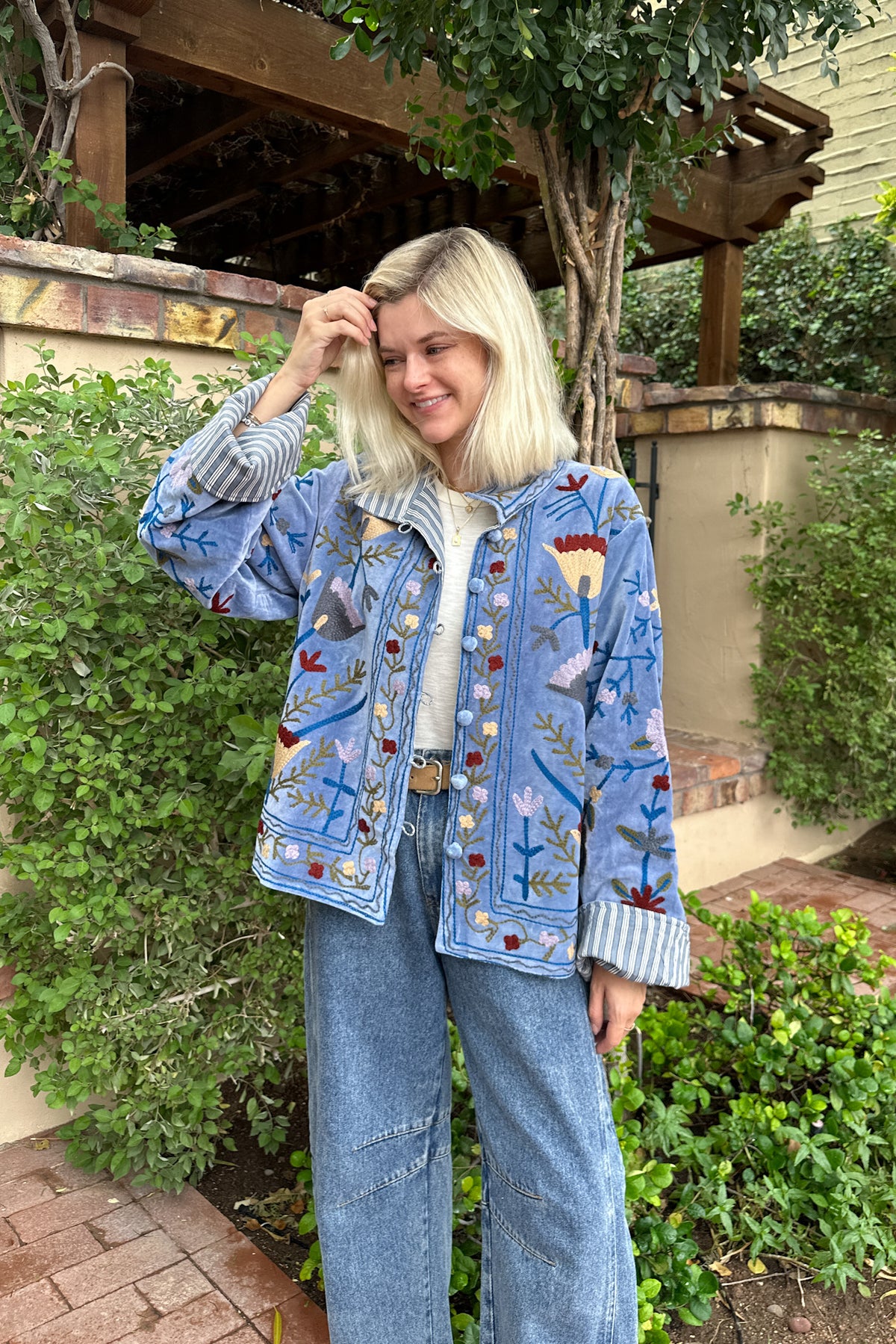 Whimsy Cotton Embroidered Jacket in Dusty Blue
