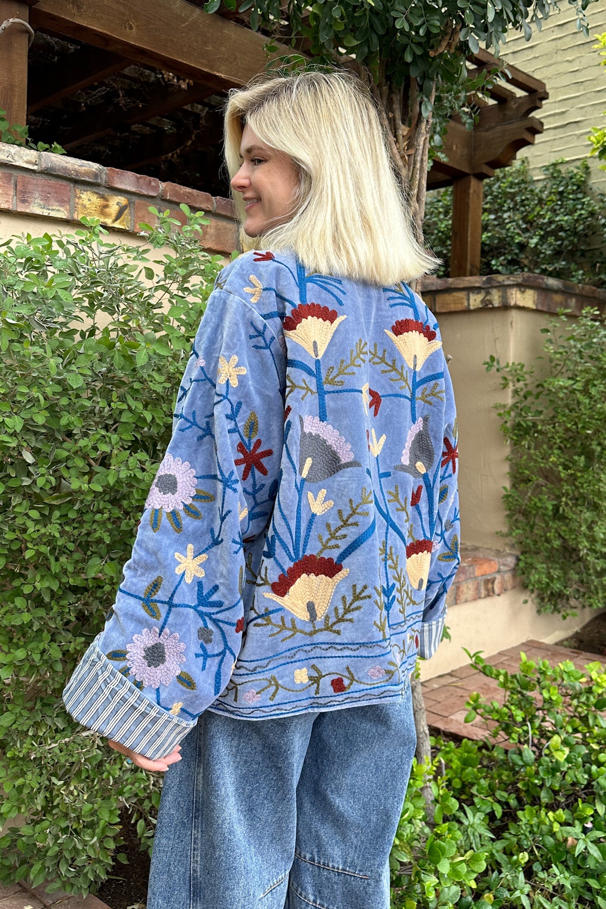 Whimsy Cotton Embroidered Jacket in Dusty Blue