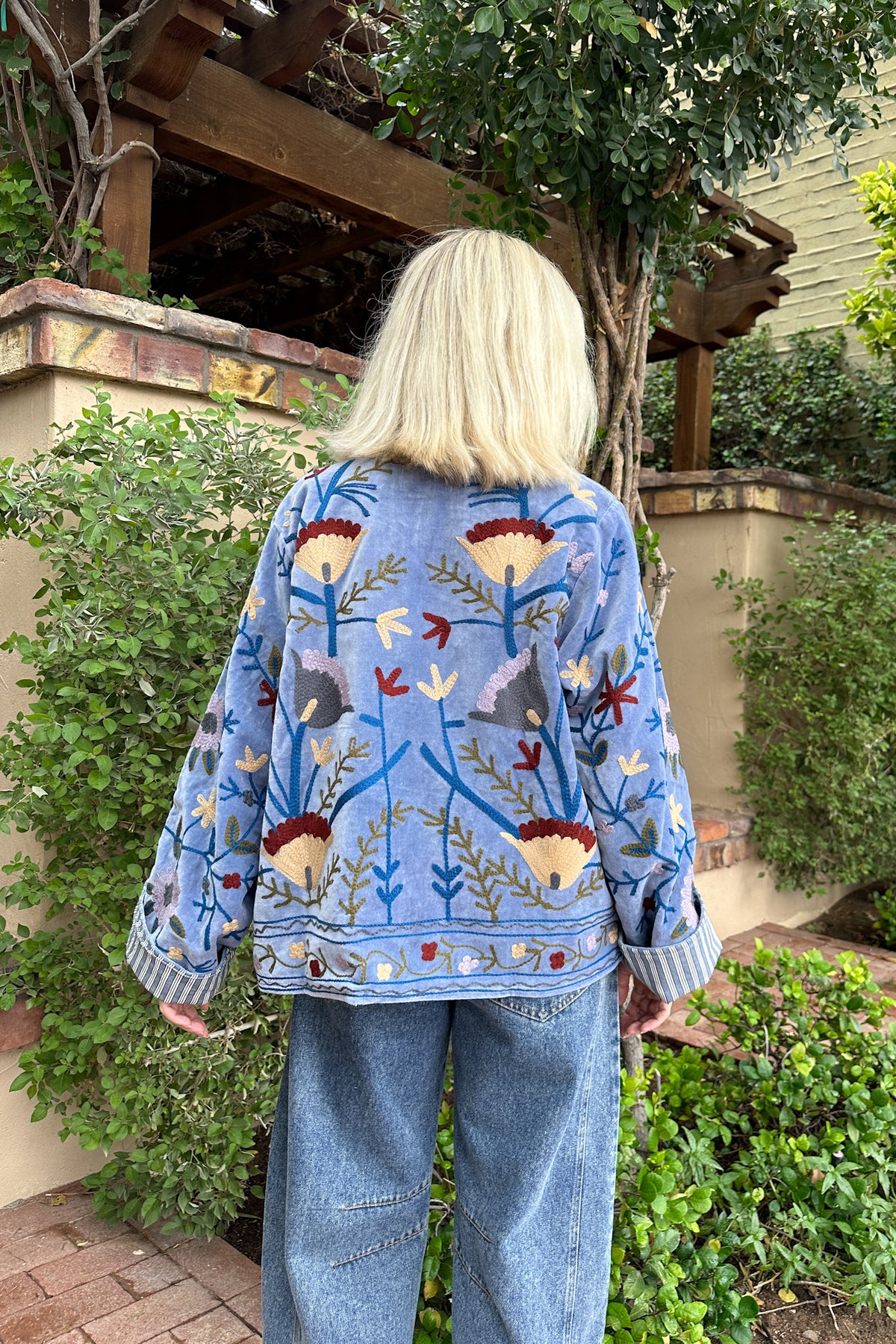 Whimsy Cotton Embroidered Jacket in Dusty Blue