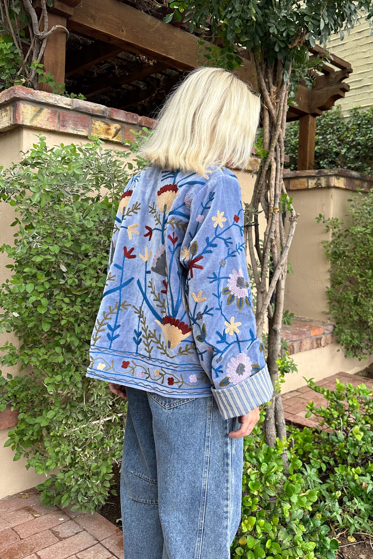 Whimsy Cotton Embroidered Jacket in Dusty Blue