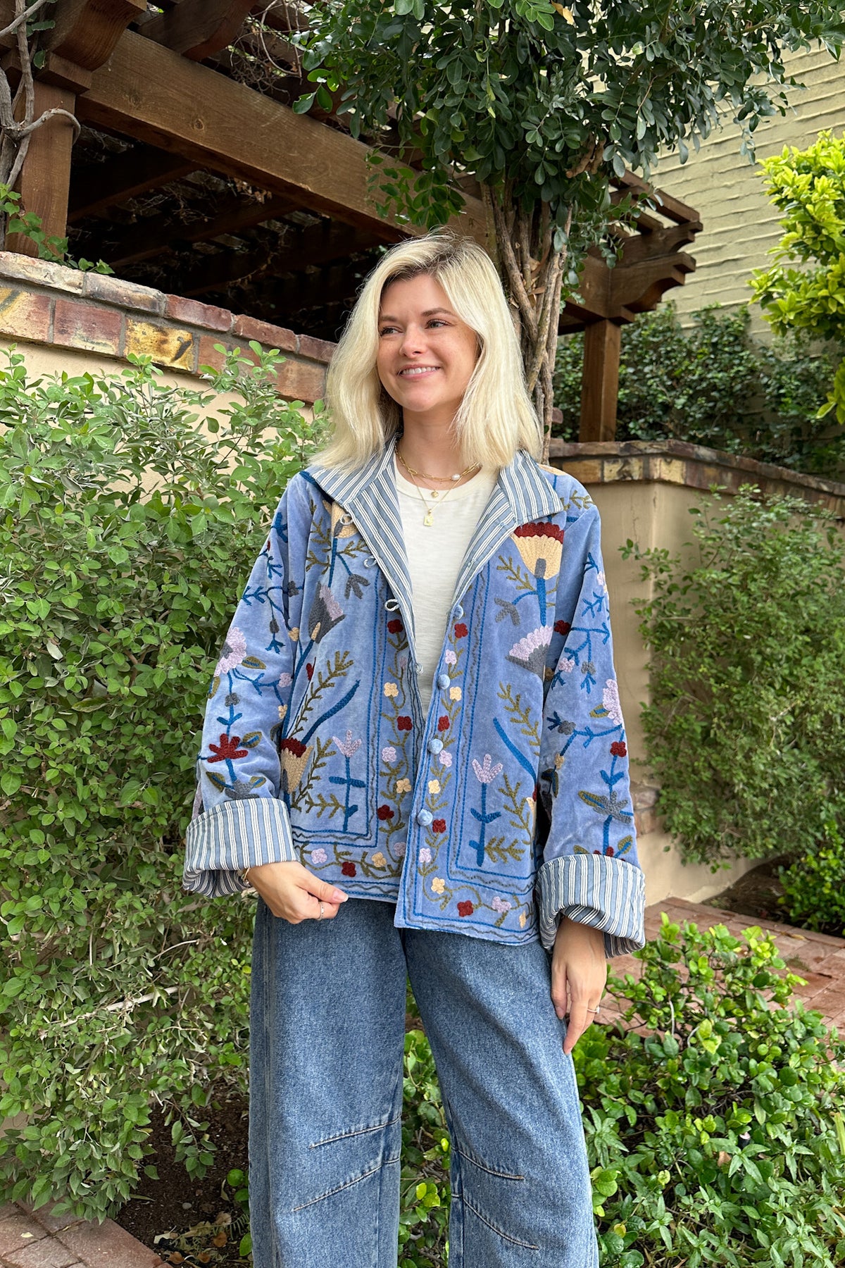 Whimsy Cotton Embroidered Jacket in Dusty Blue