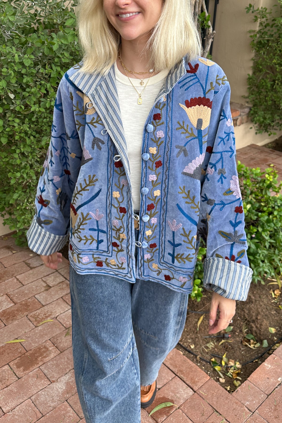 Whimsy Cotton Embroidered Jacket in Dusty Blue