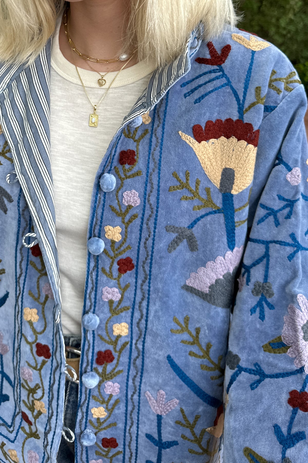 Whimsy Cotton Embroidered Jacket in Dusty Blue