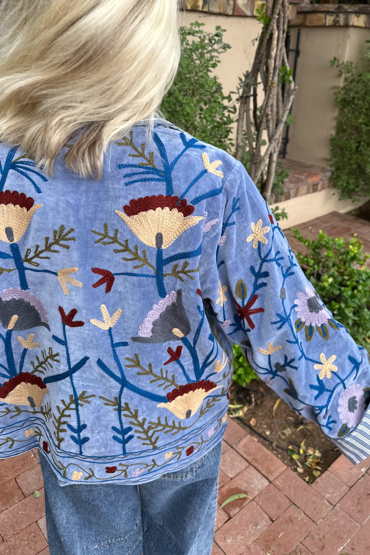 Whimsy Cotton Embroidered Jacket in Dusty Blue