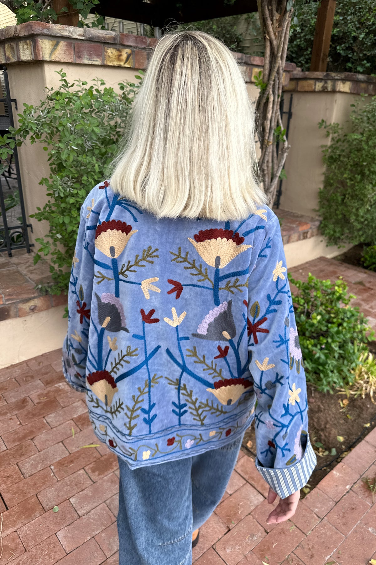 Whimsy Cotton Embroidered Jacket in Dusty Blue