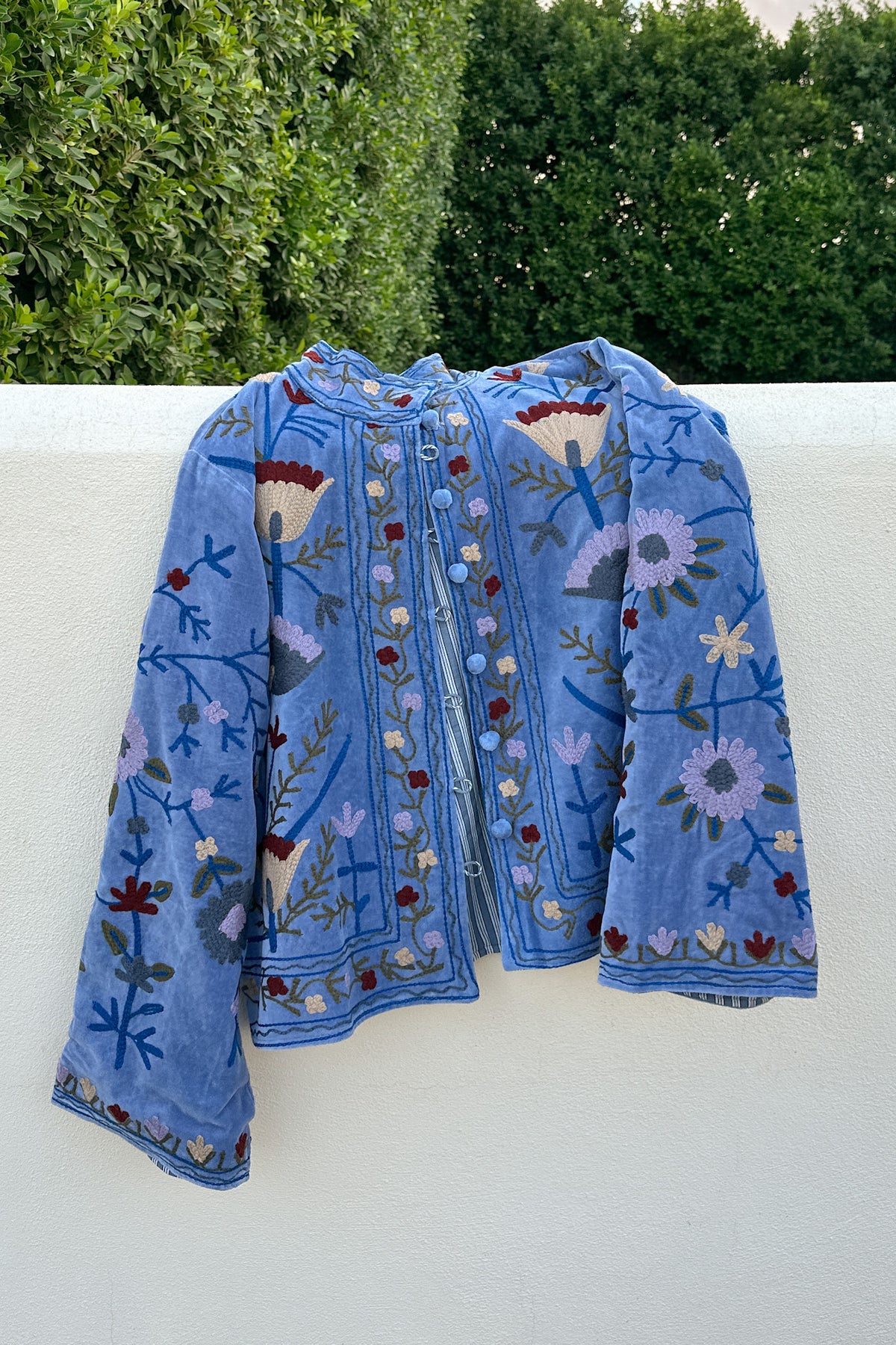 Whimsy Cotton Embroidered Jacket in Dusty Blue