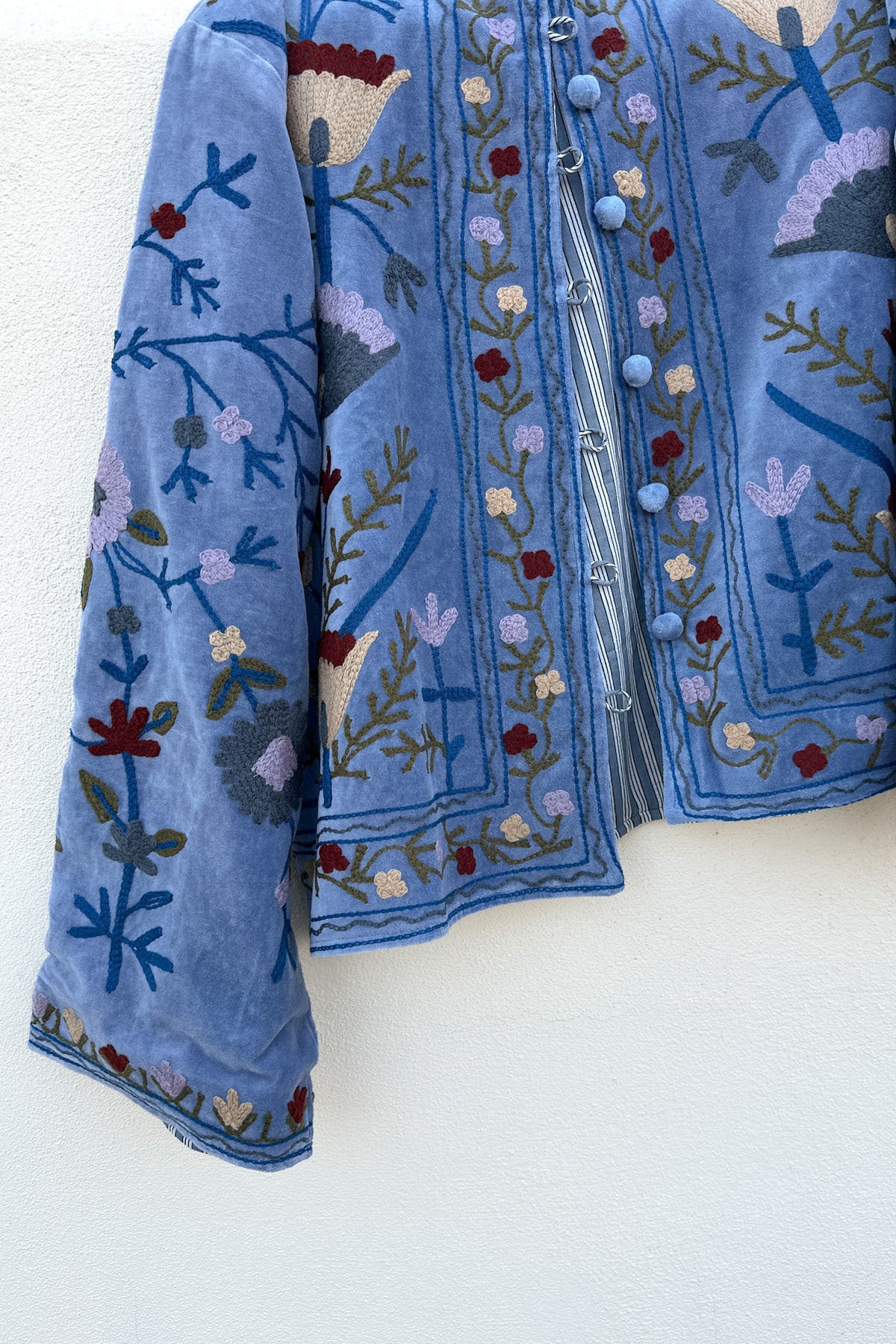 Whimsy Cotton Embroidered Jacket in Dusty Blue
