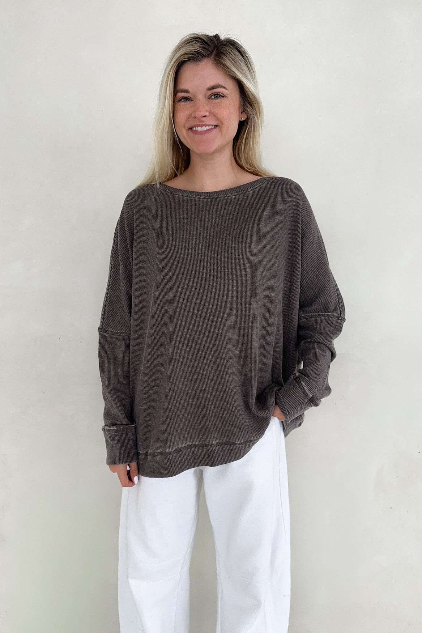 Libby Waffle Knit Boatneck Top in Mocha