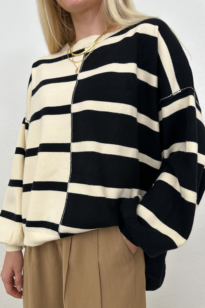 Gracie Asymmetric Black Striped Sweater Top