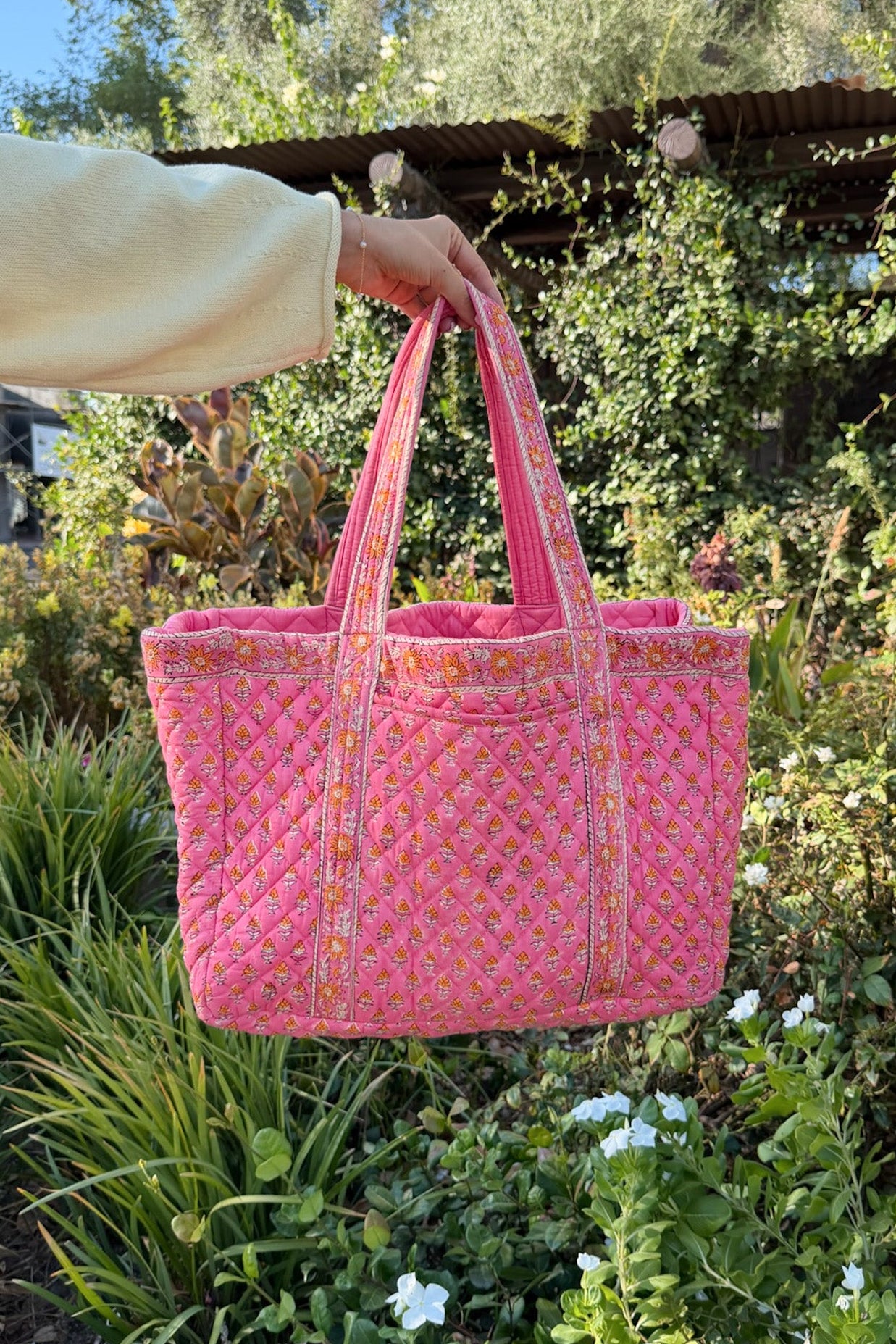 Market Quilted Tote Bag in Pink and Orange